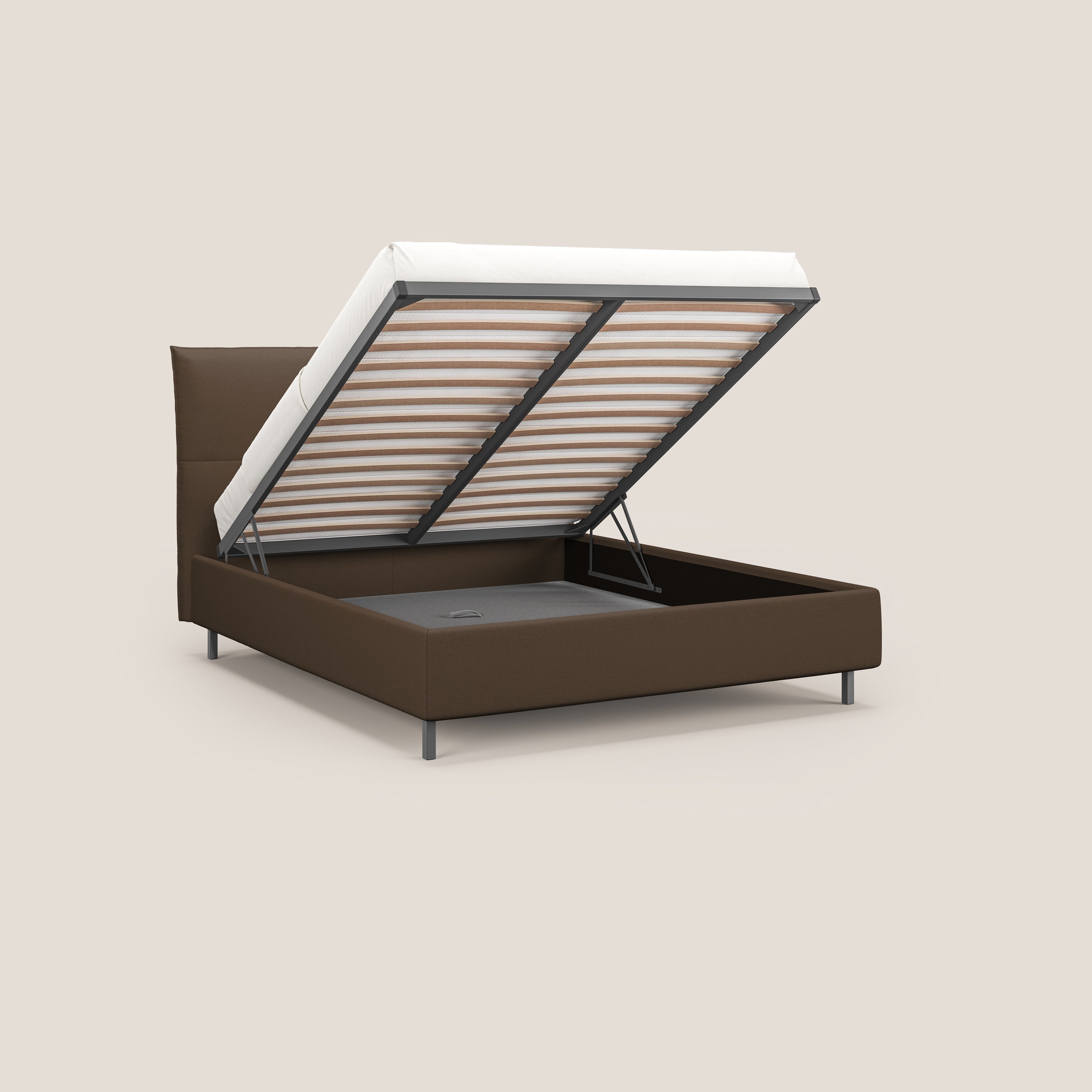 Izumi letto imbottito contenitore con piedi alti in tessuto smacchiabile T05 marrone - divani.store