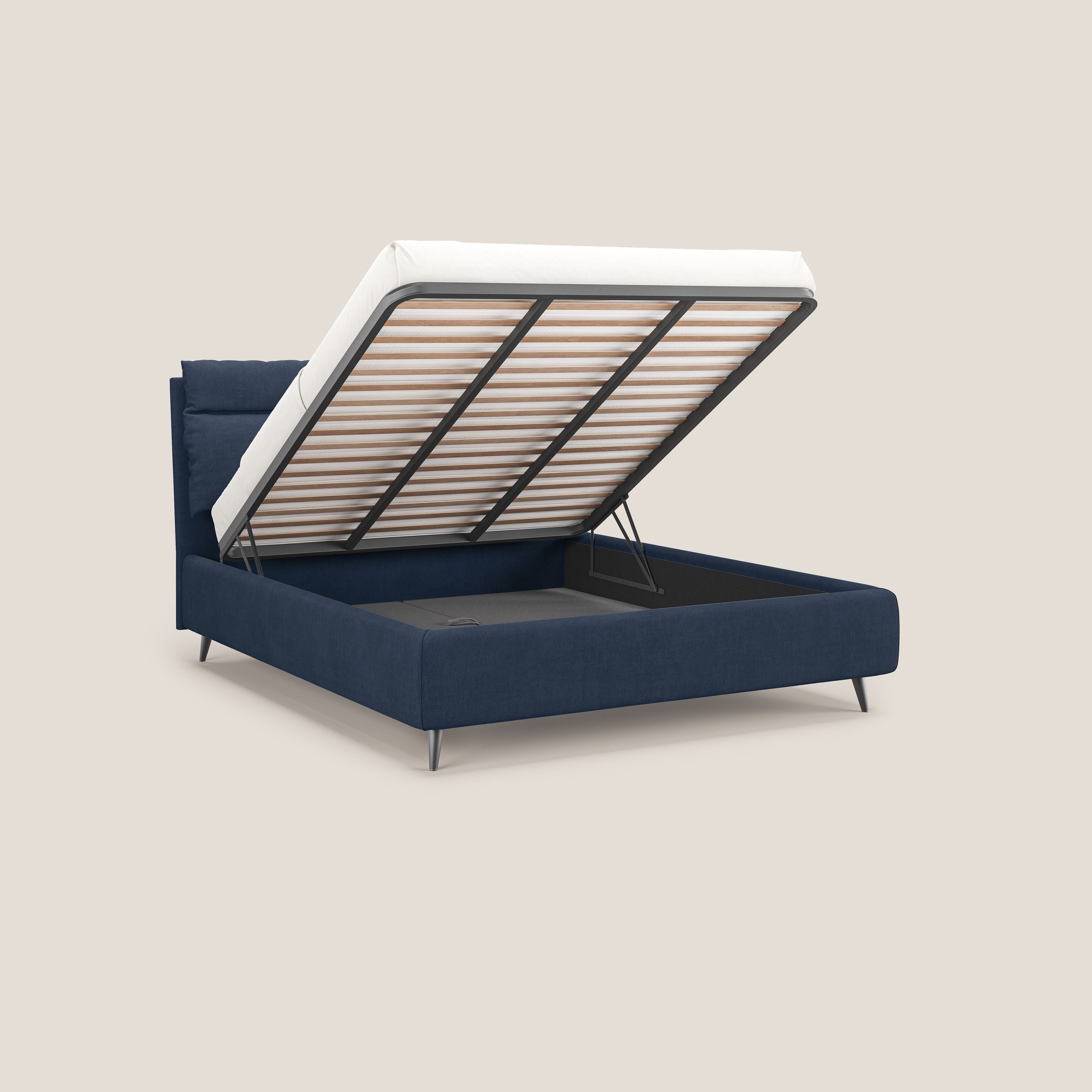Jerry letto imbottito contenitore e cuscini reclinabili in tessuto smacchiabile T17 blu - divani.store