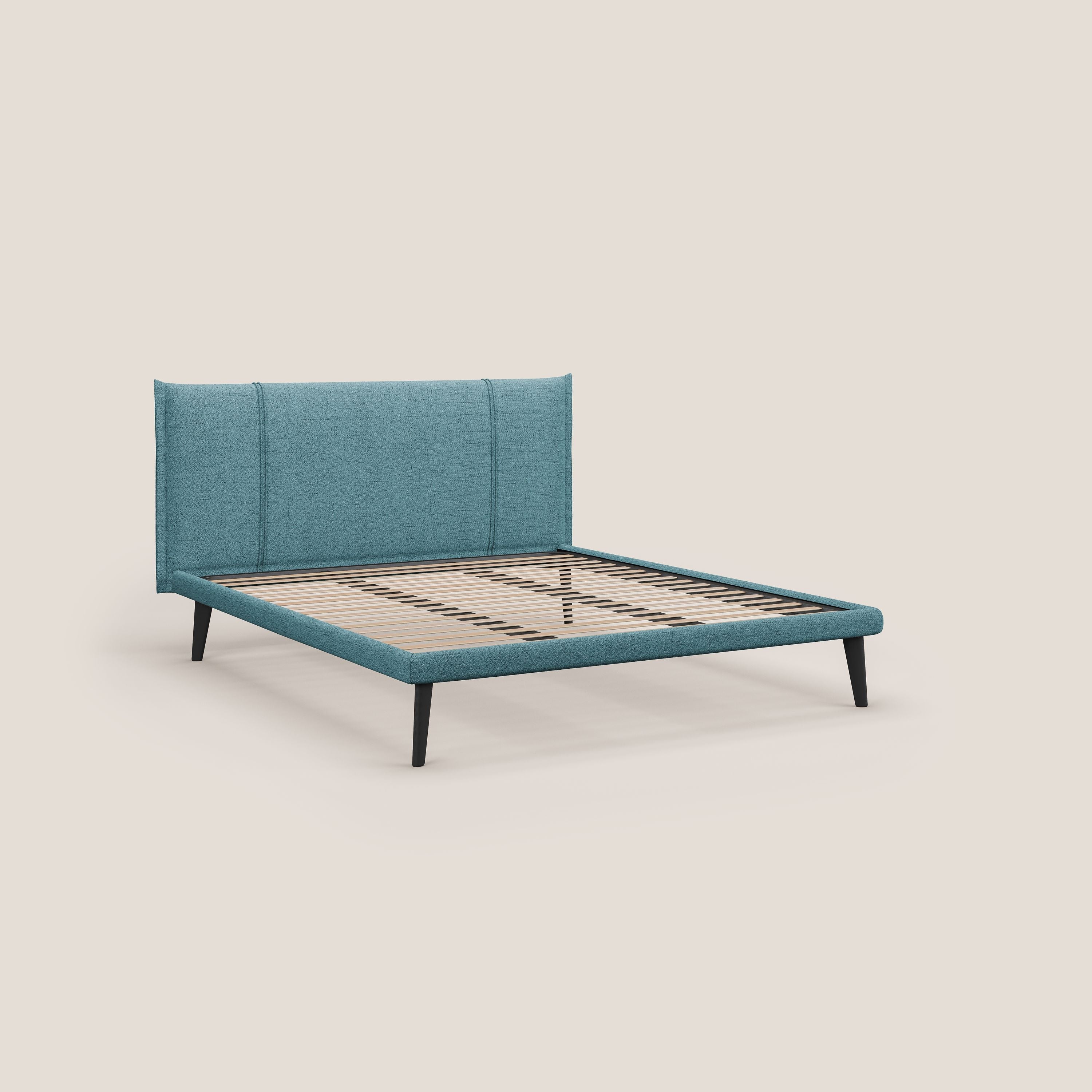 Klaus LETTO moderno con piedi in mogano e tessuto fiammato impermeabile T03 azzurro - divani.store