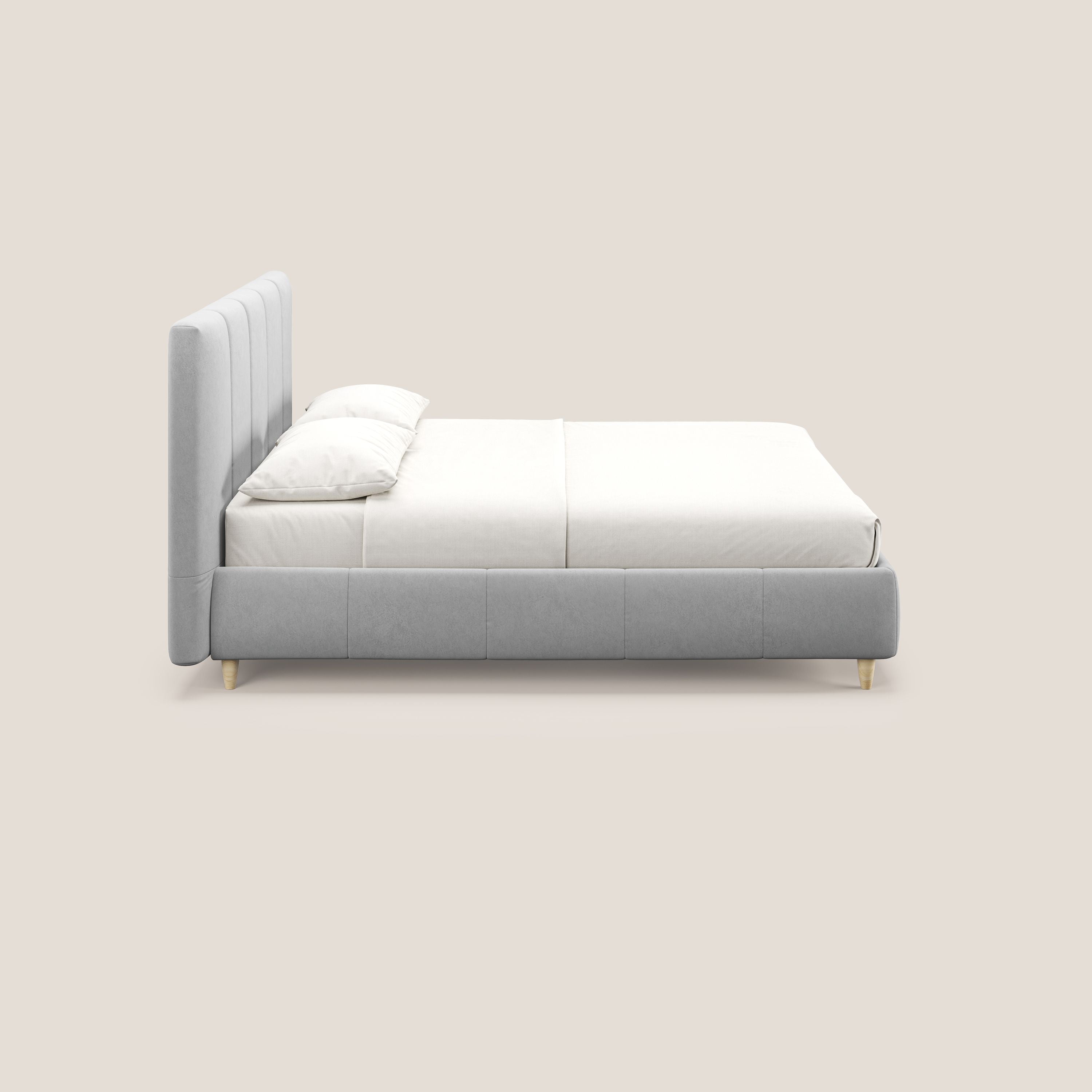 Laura letto imbottito contenitore e sfoderabile in microfibra velluto impermeabile T09 grigio chiaro - divani.store