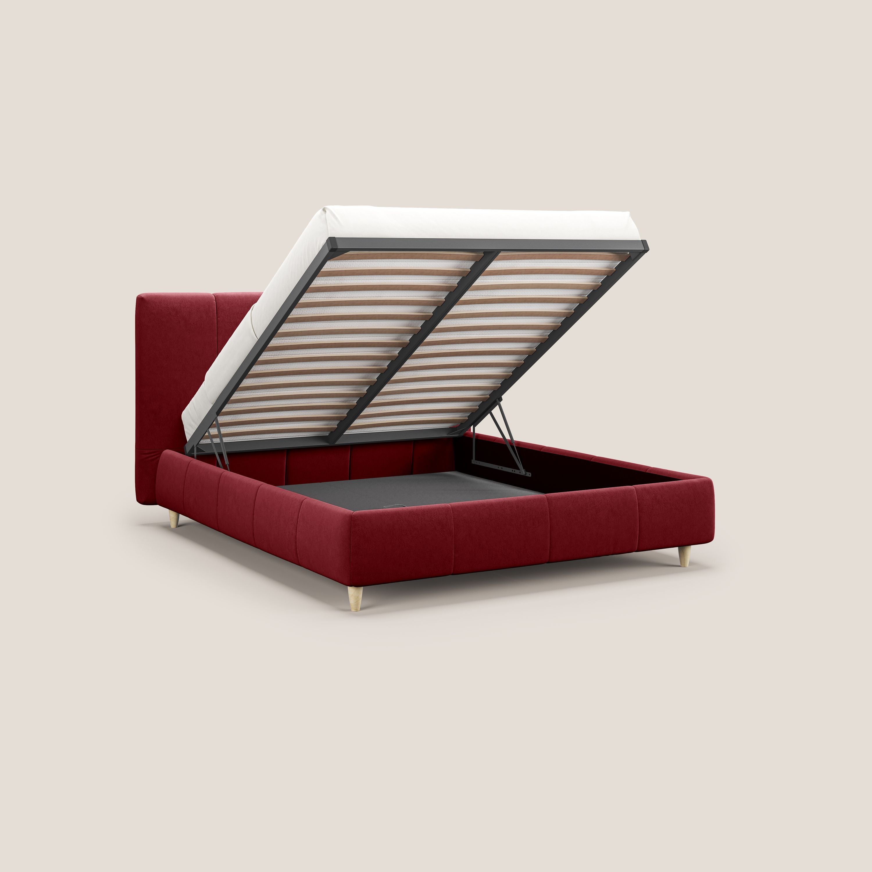 Laura letto imbottito contenitore e sfoderabile in microfibra velluto impermeabile T09 rosso - divani.store