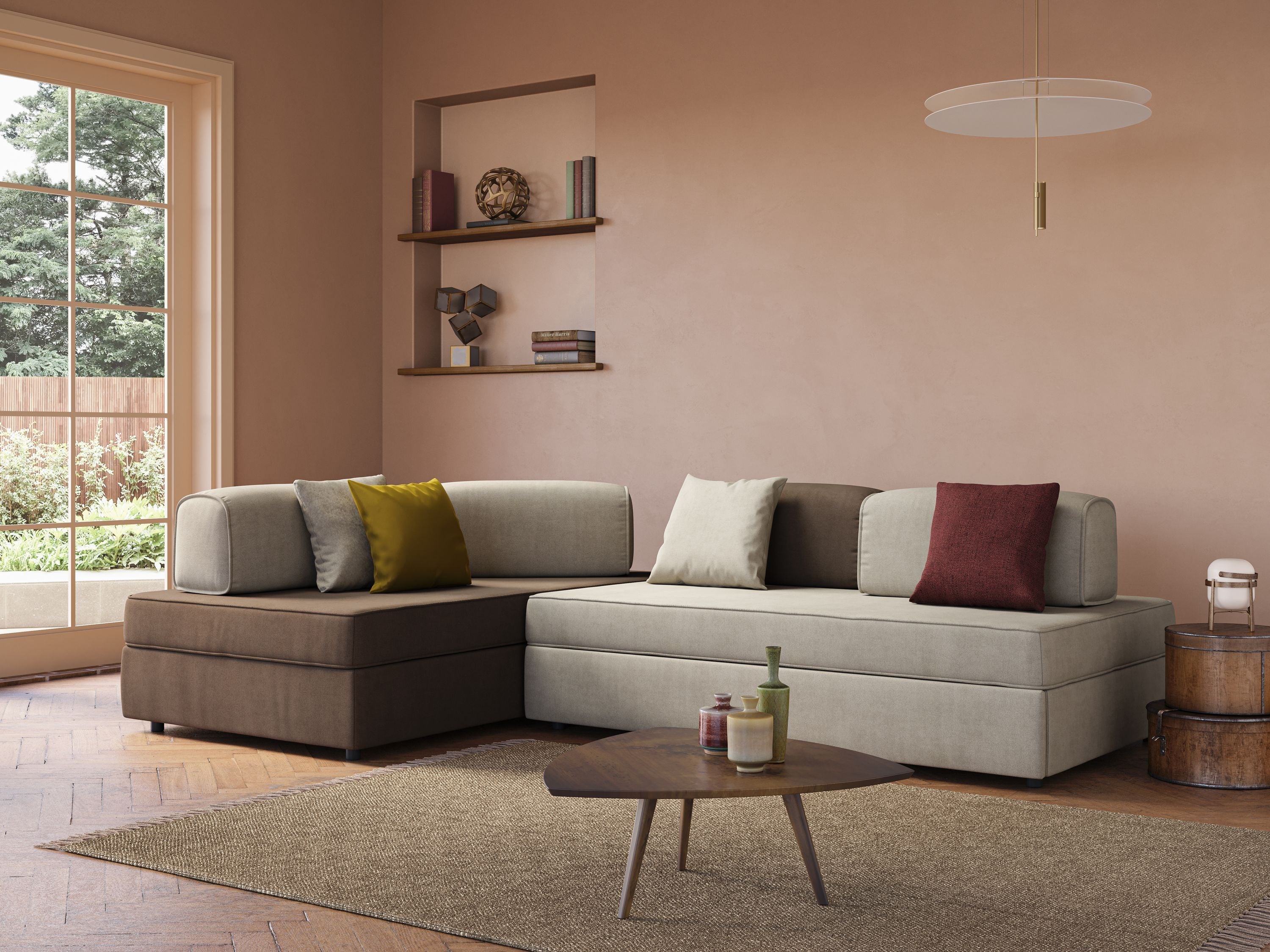 Liberty divano angolare con pouf estraibile e schienali movibili in tessuto morbido impermeabile T02 marrone - divani.store
