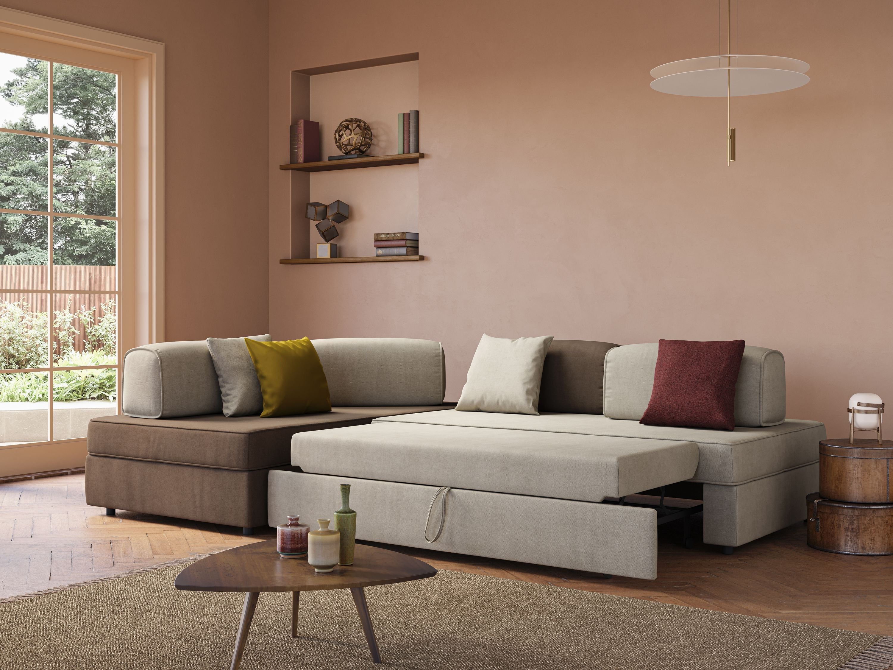 Liberty divano angolare con pouf estraibile e schienali movibili in tessuto morbido impermeabile T02 grigio chiaro - divani.store