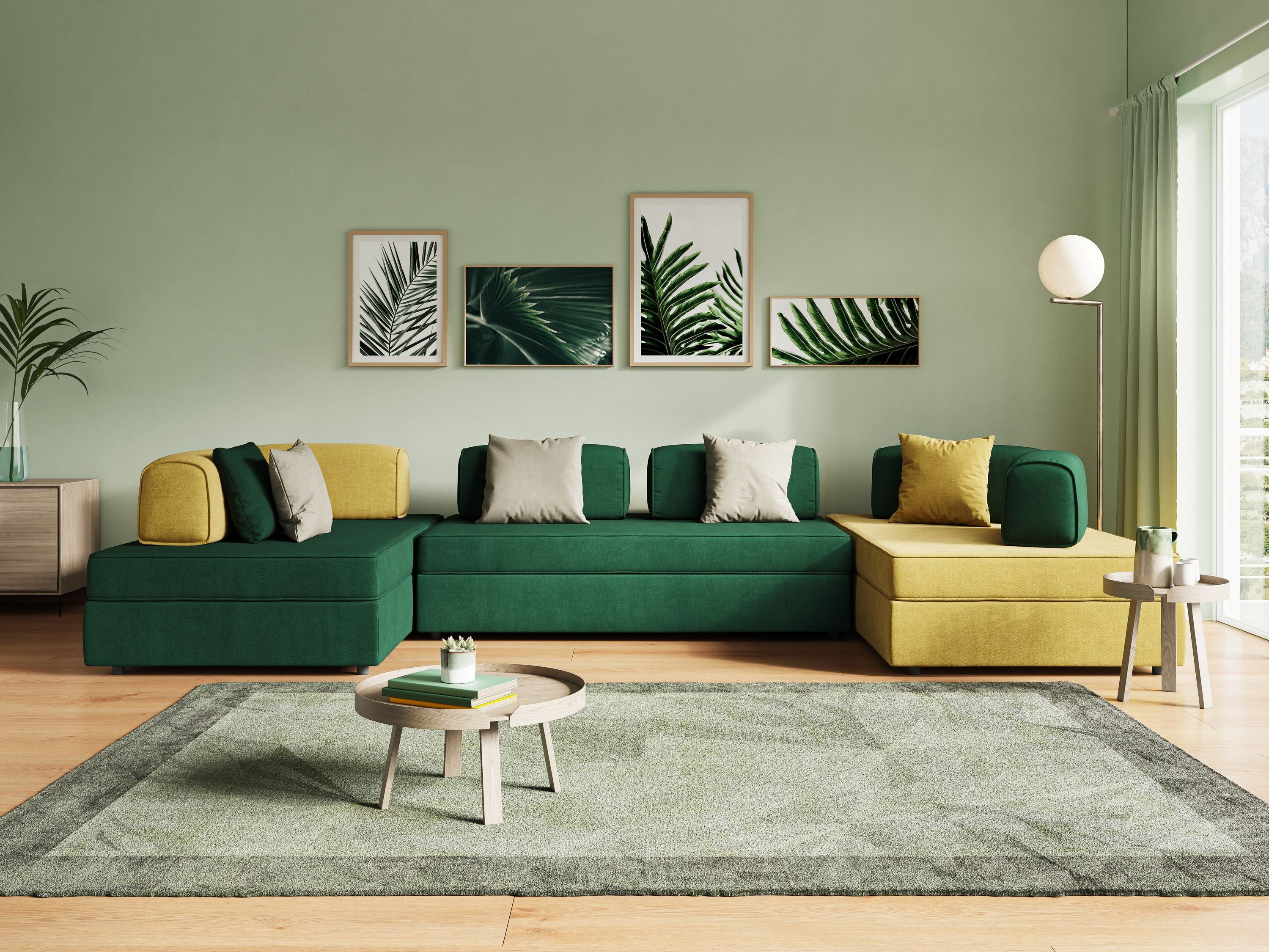 Liberty divano panoramico con pouf estraibile e schienali movibili in tessuto morbido impermeabile T02 azzurro - divani.store