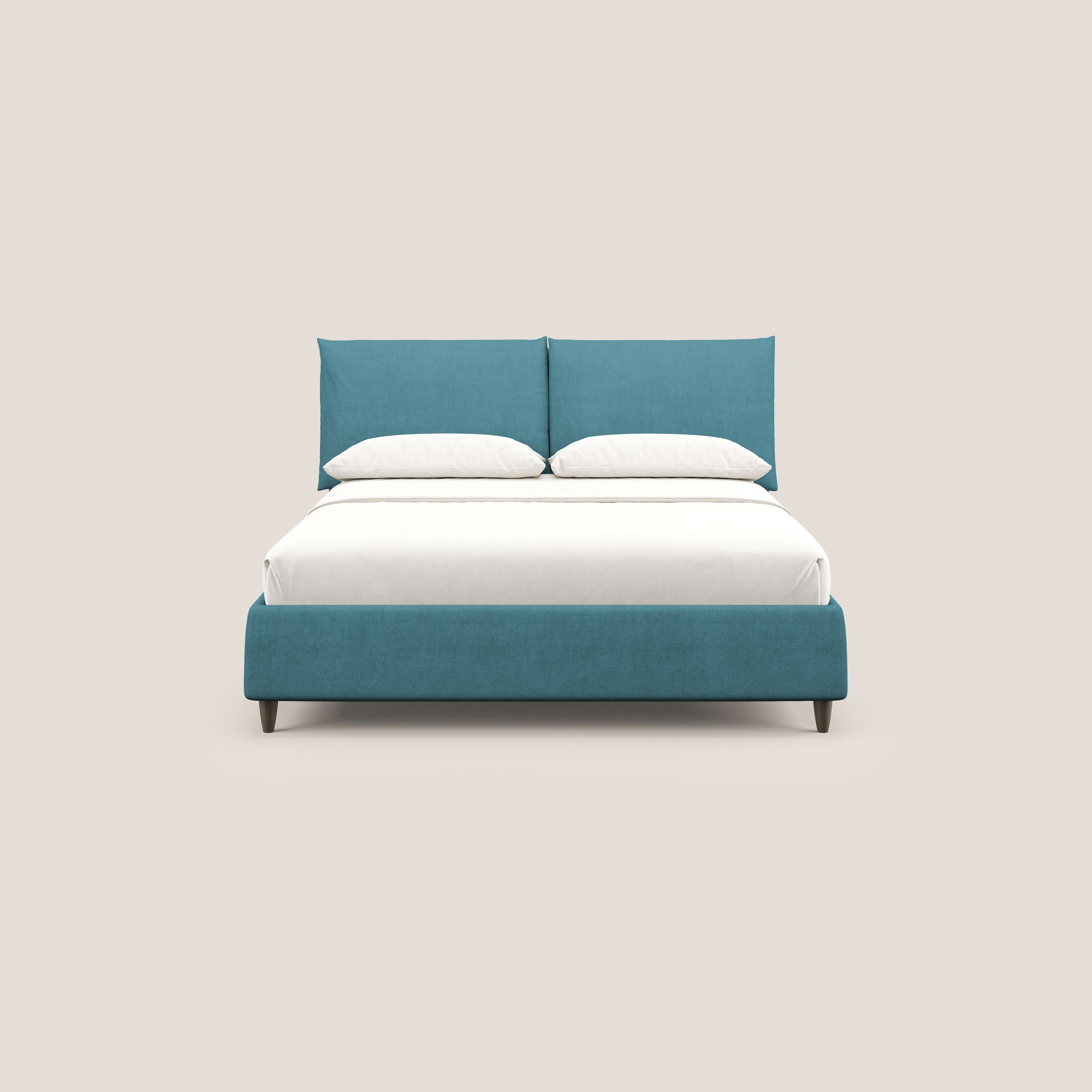 Mariana letto imbottito contenitore con cuscini in tessuto impermeabile T02 azzurro - divani.store