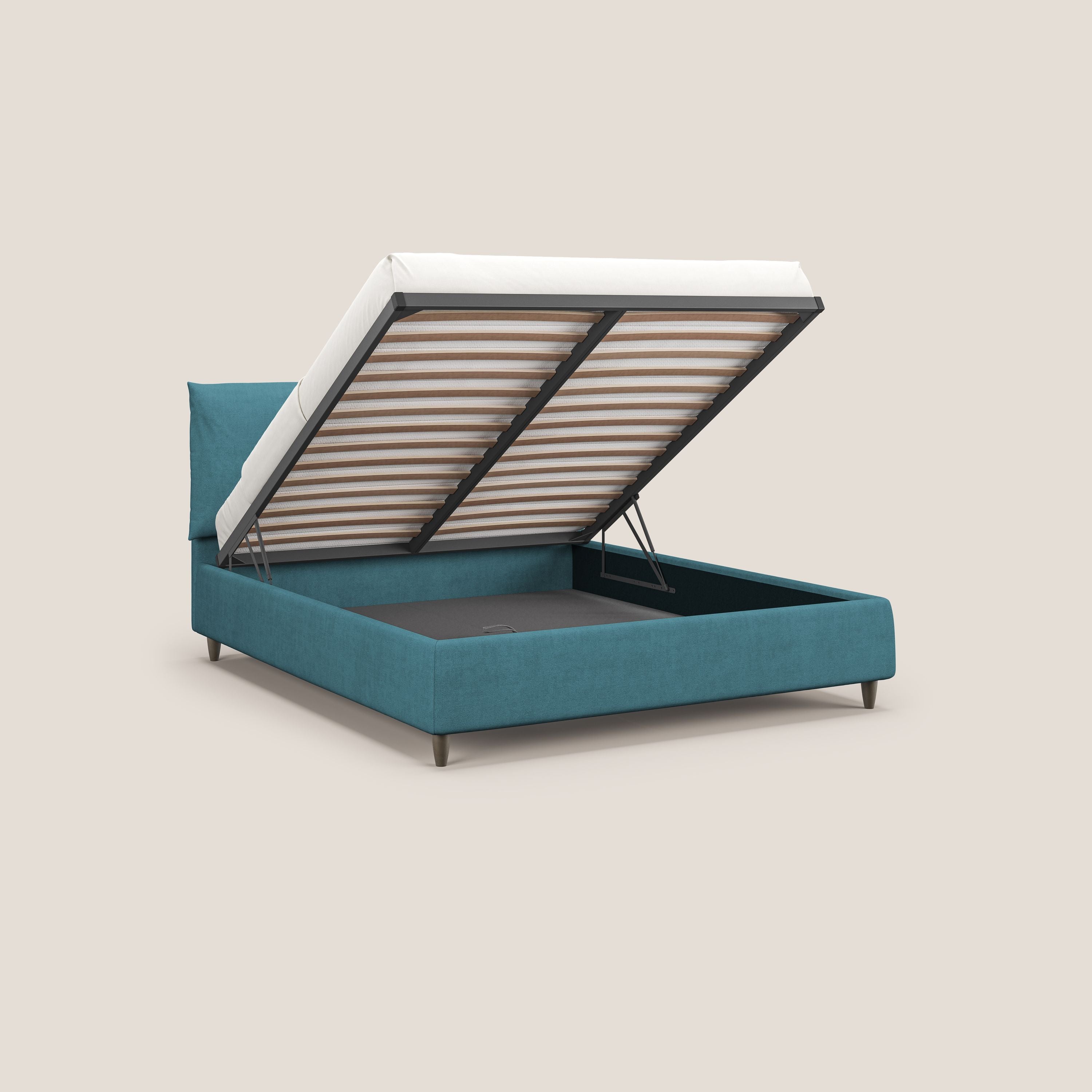 Mariana letto imbottito contenitore con cuscini in tessuto impermeabile T02 azzurro - divani.store