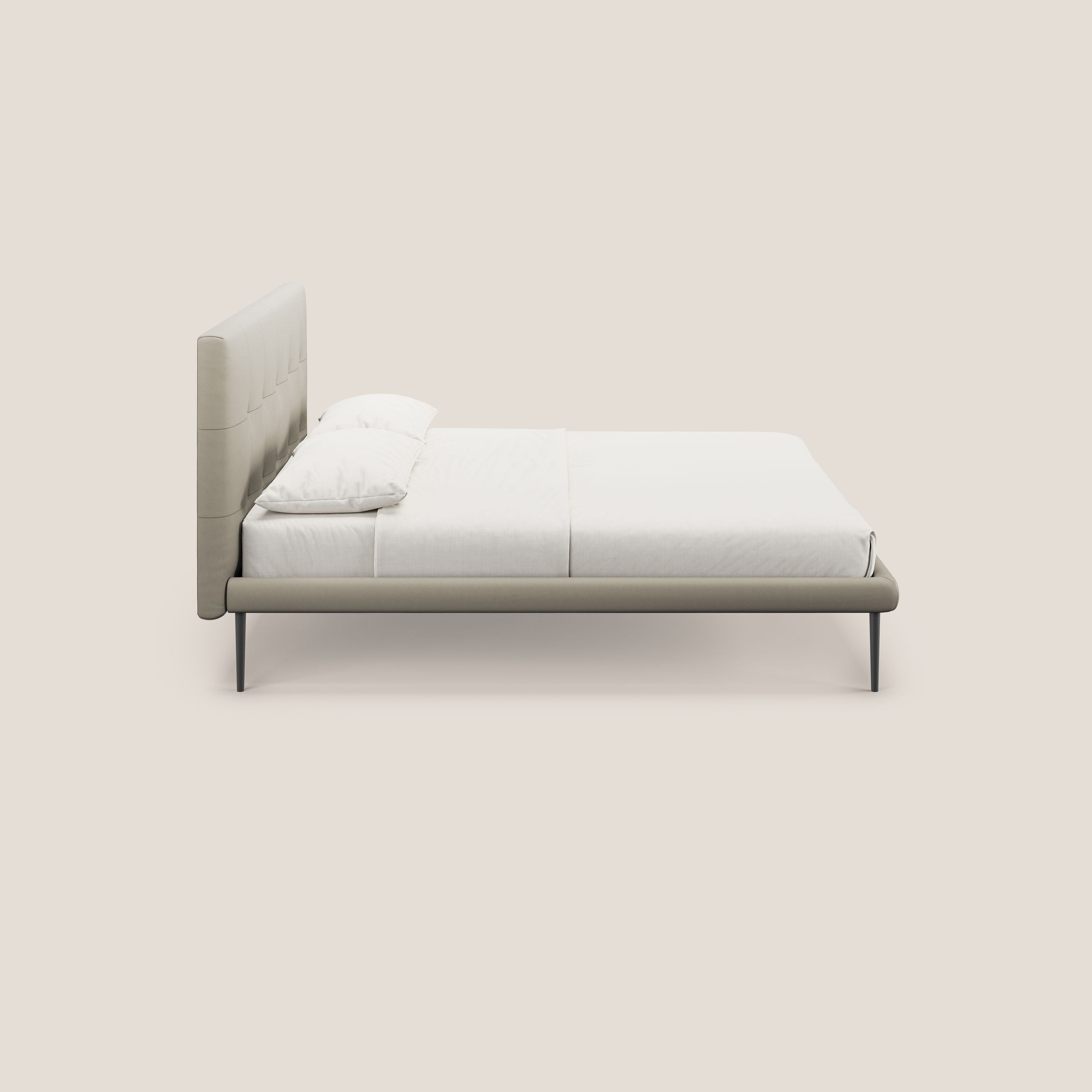 Midori letto imbottito trapuntato in ecopelle con piedini alti T04 tortora - divani.store