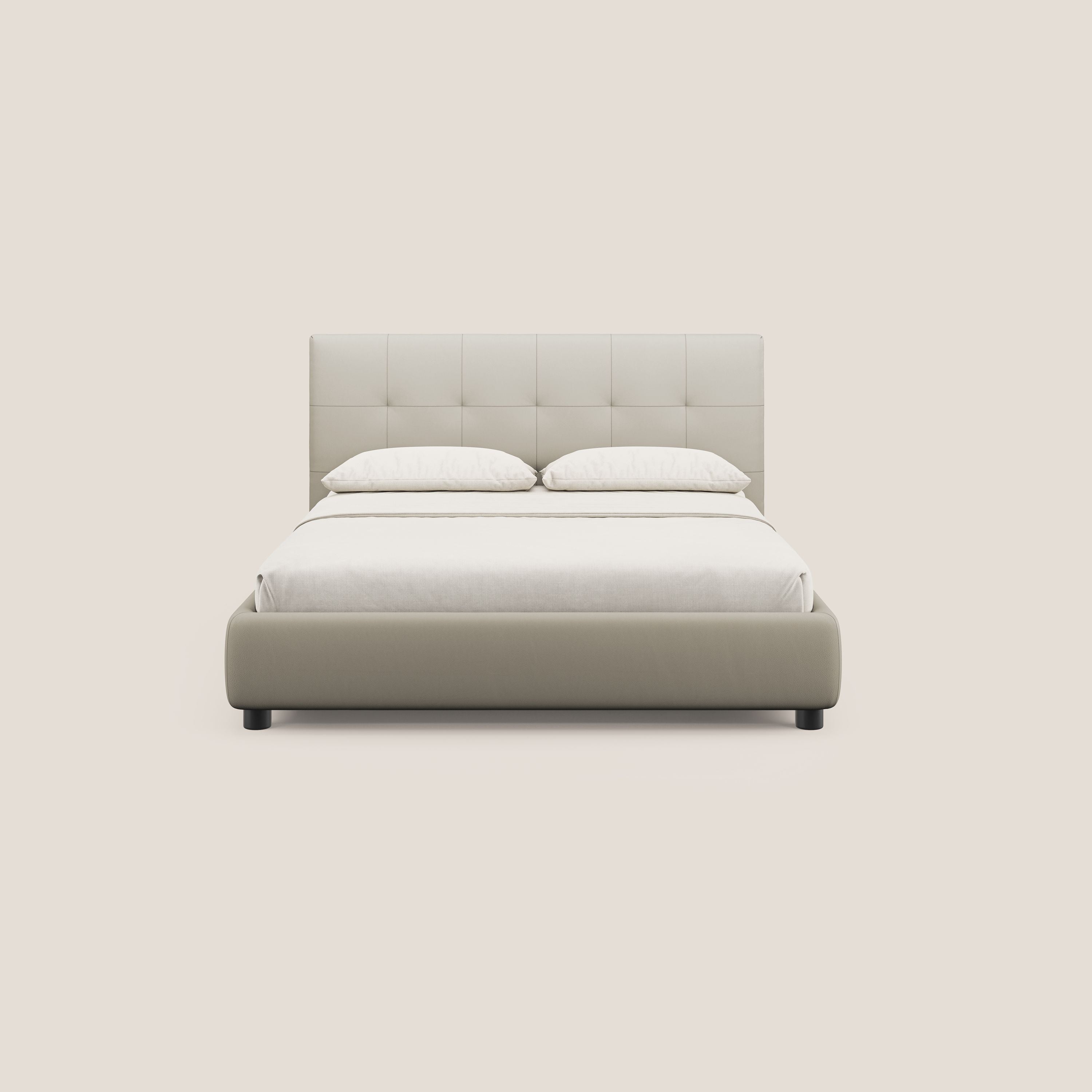 Minato letto imbottito contenitore con testata trapuntata in ecopelle impermeabile T04 tortora - divani.store