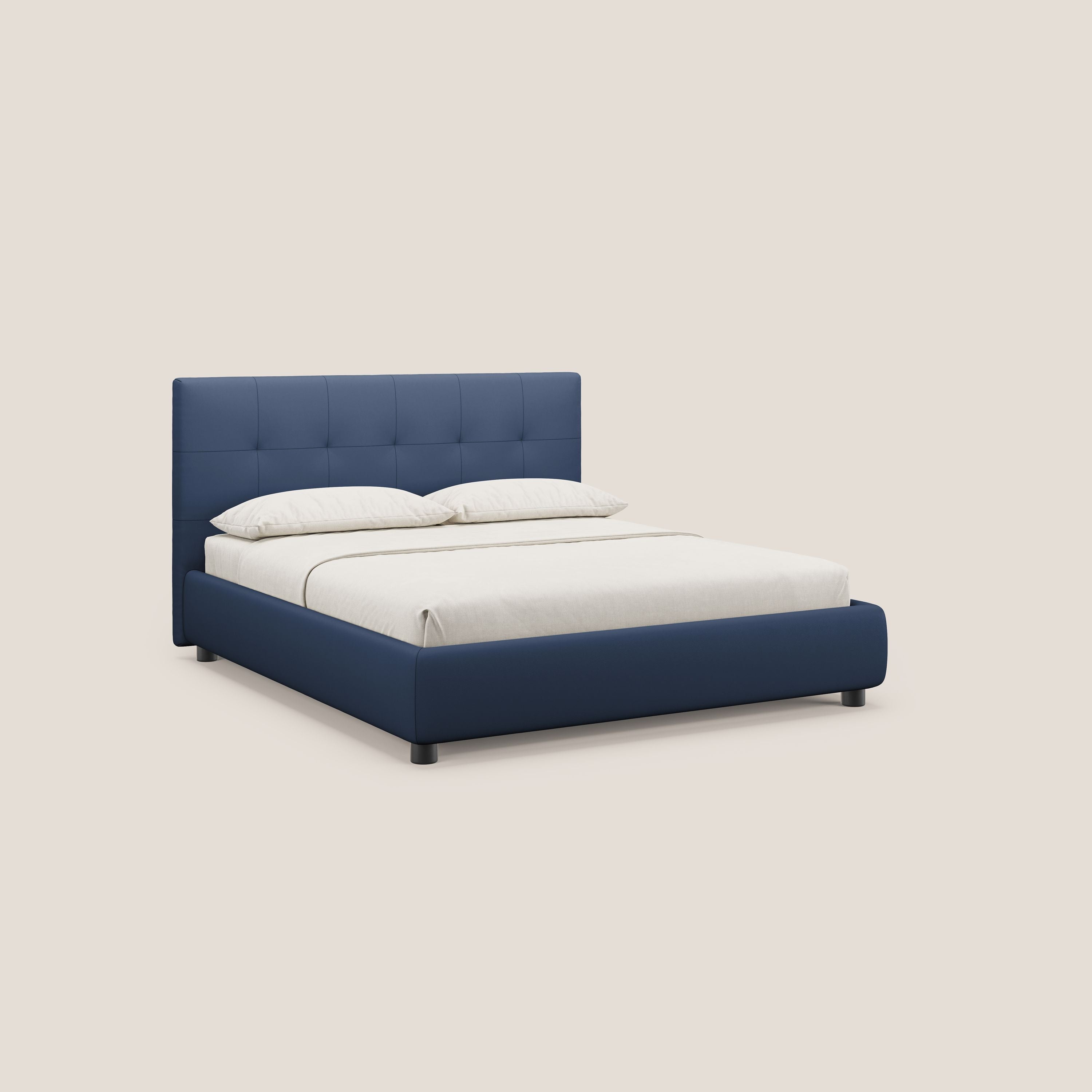 Minato letto imbottito contenitore con testata trapuntata in ecopelle impermeabile T04 blu - divani.store
