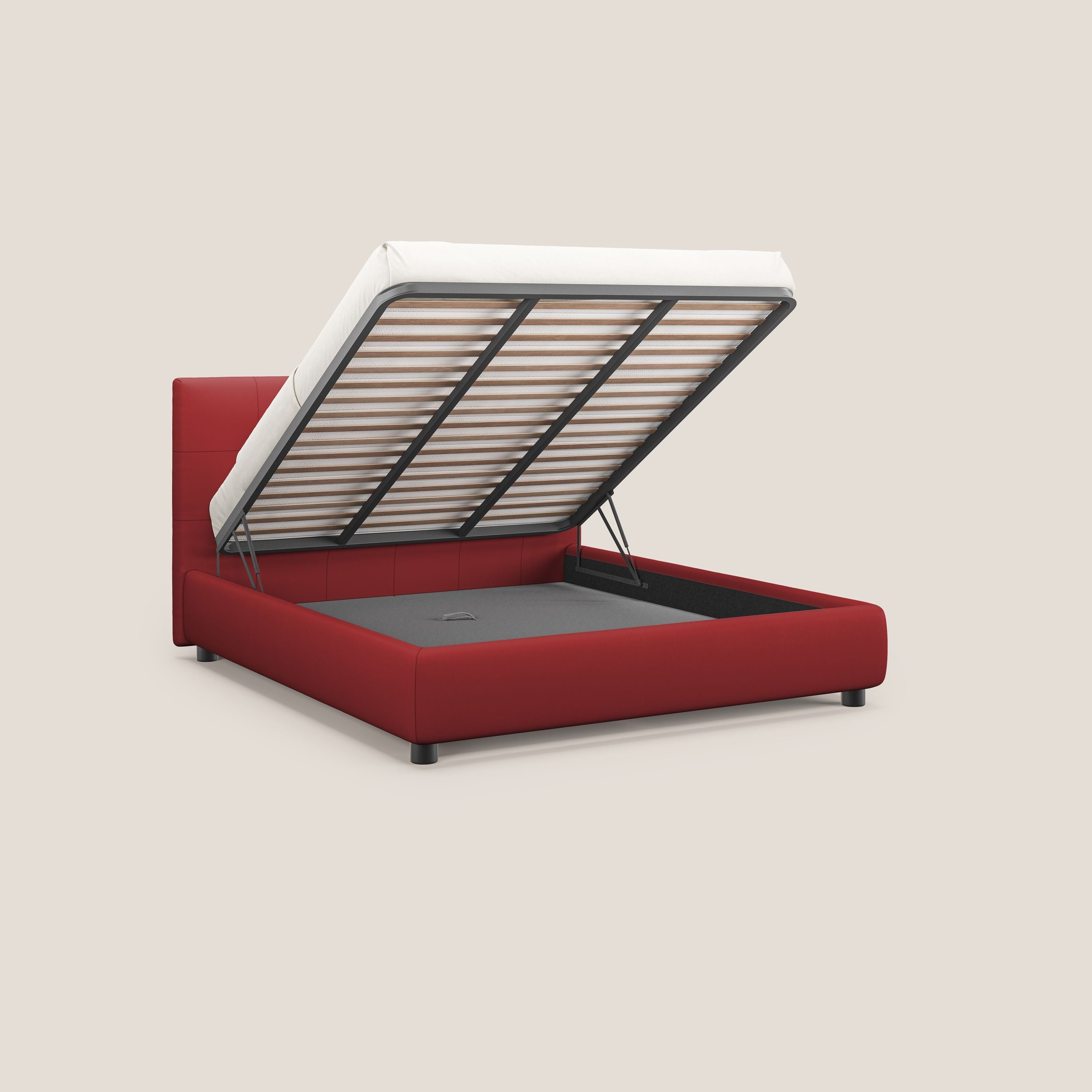 Minato letto imbottito contenitore con testata trapuntata in ecopelle impermeabile T04 rosso - divani.store