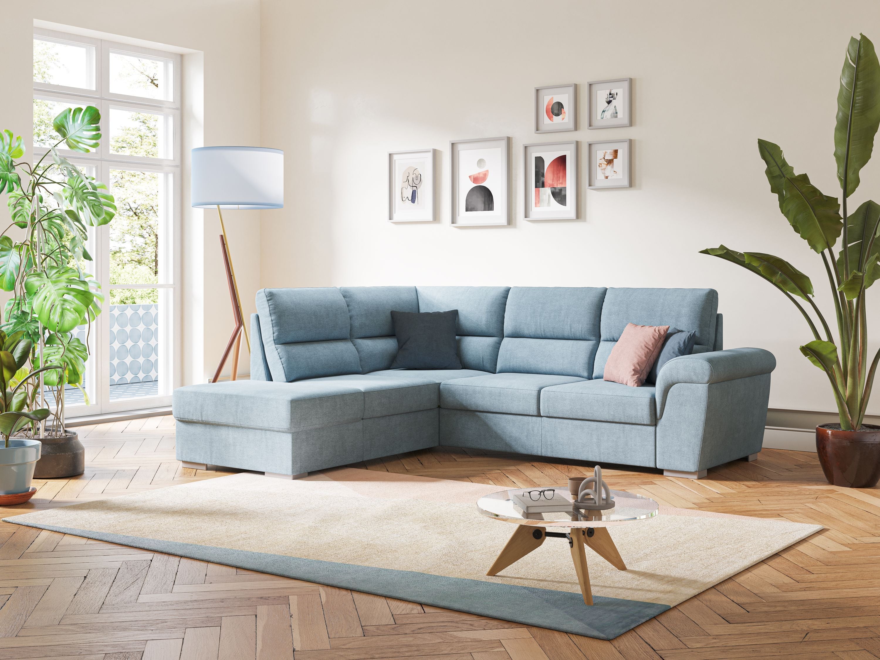 Minerva divano angolare con estraibile a cassettone e pouf contenitore in tessuto morbido impermeabile T02 - divani.store