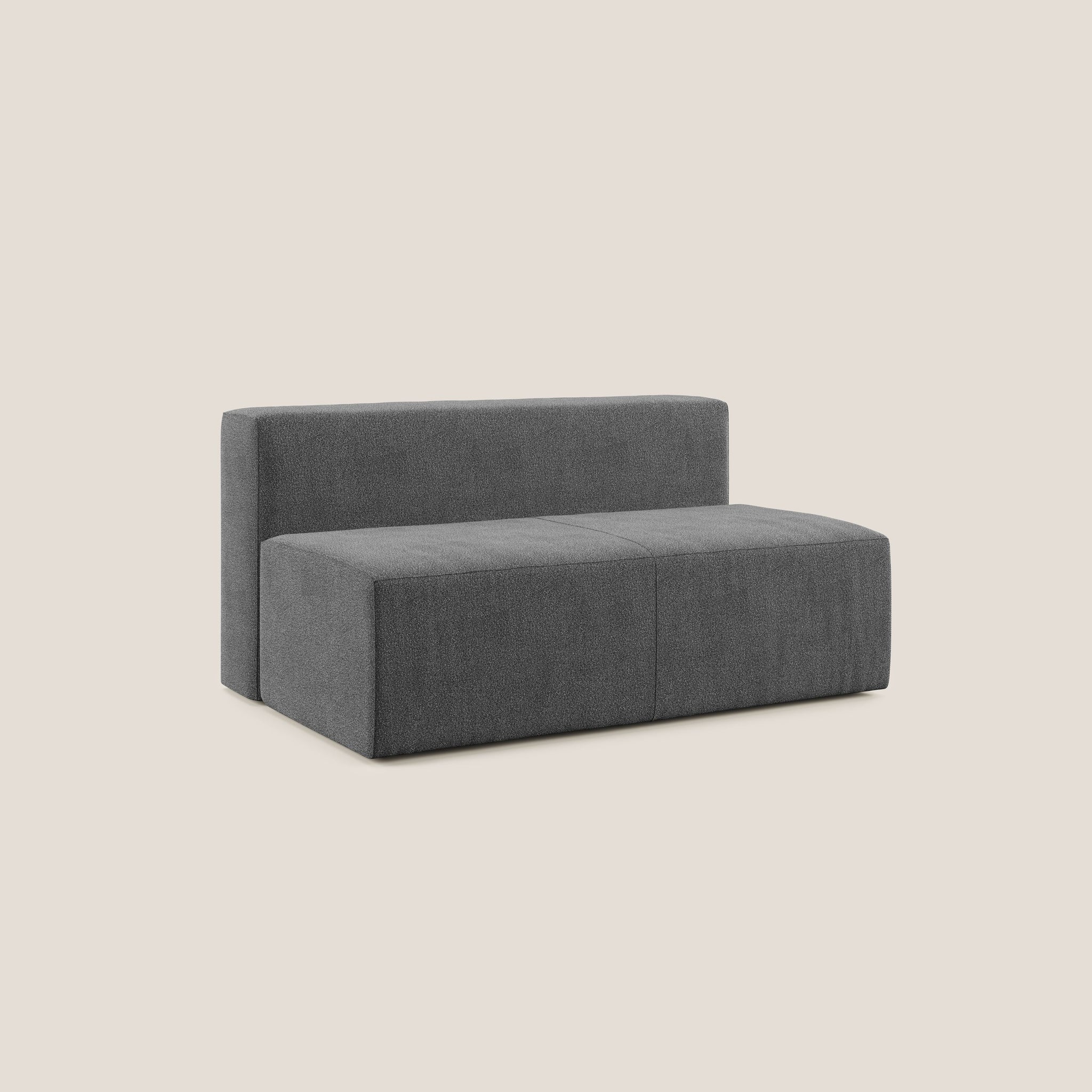 Il divano Nettuno elemento maxi 180 cm in morbido bouclè impermeabile T07 ANTRACITE di Divani.Store è un divano modulare moderno e minimalista in grigio scuro con un design squadrato e senza braccioli. Il divano a due posti presenta una texture sottile sul morbido rivestimento in bouclé, con uno schienale della stessa altezza e larghezza della seduta. Lo sfondo è un semplice bianco sporco, che gli conferisce un aspetto elegante e compatto.