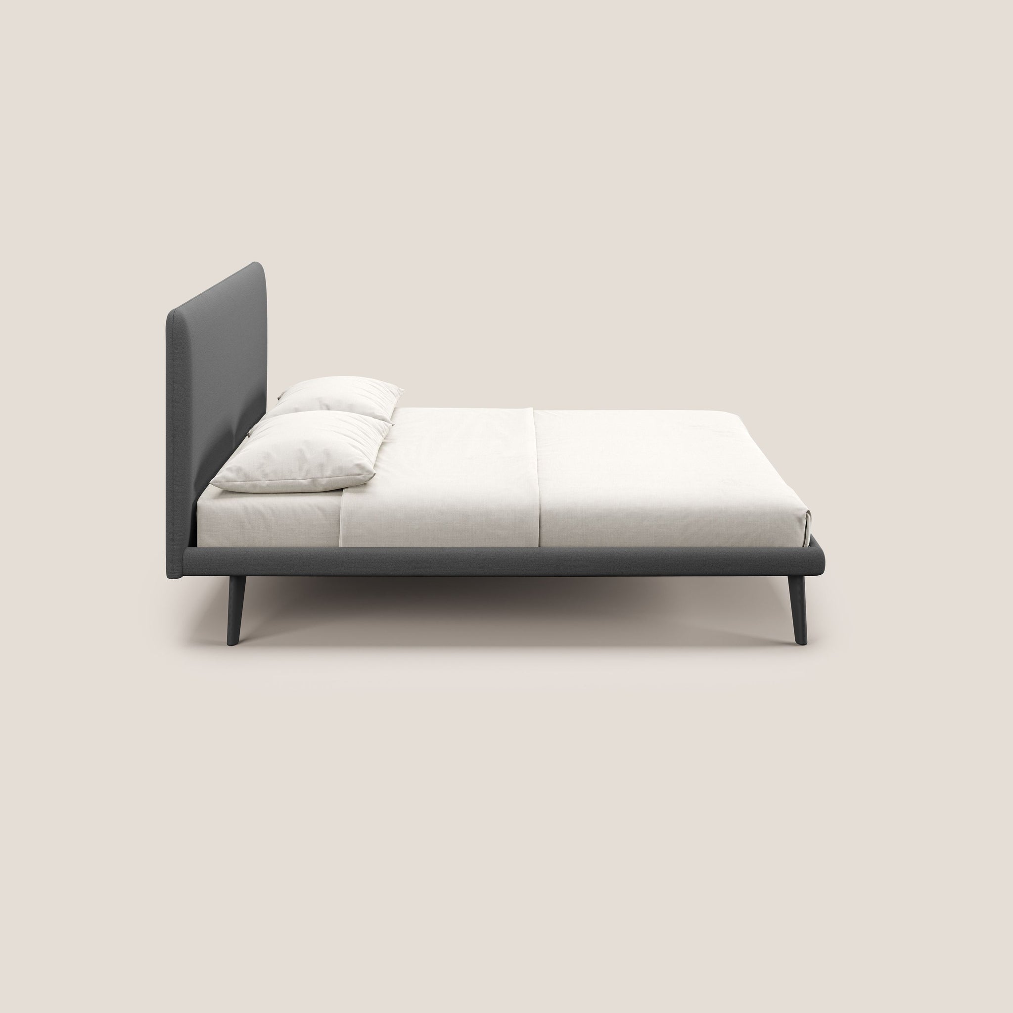 Noel letto minimal scandinavo con piedi in mogano e tessuto fiammato impermeabile T19 - divani.store