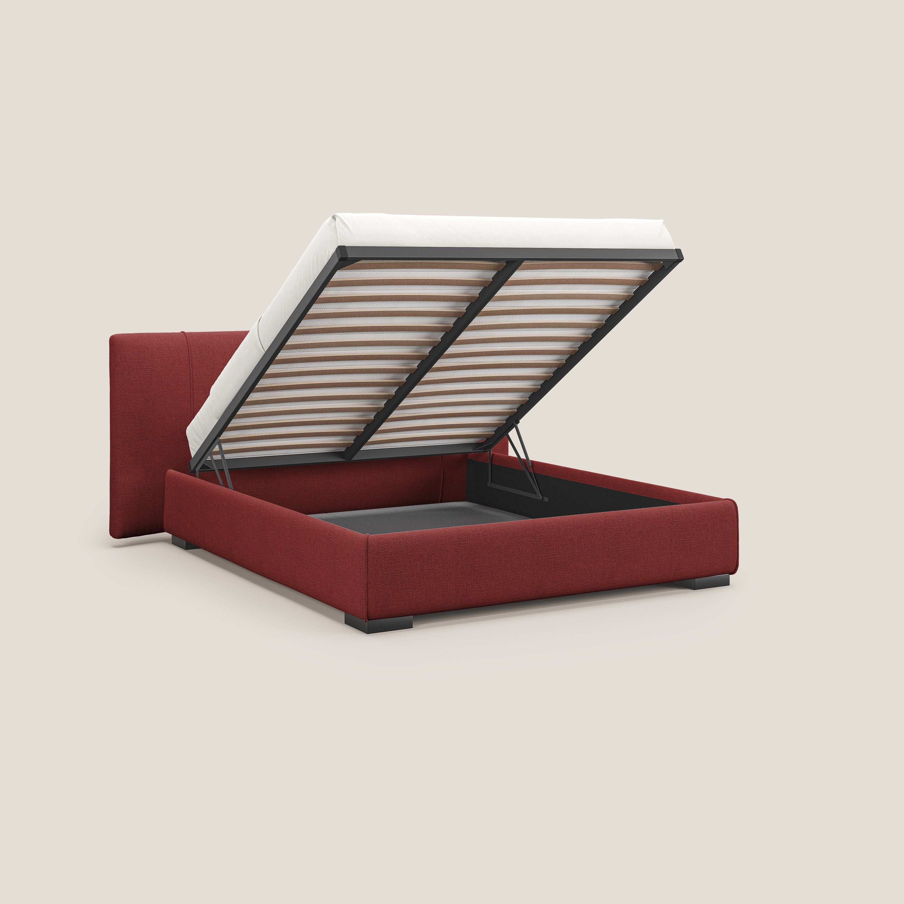 Omero letto imbottito contenitore sfoderabile in tessuto fiammato impermeabile T14 rosso - divani.store