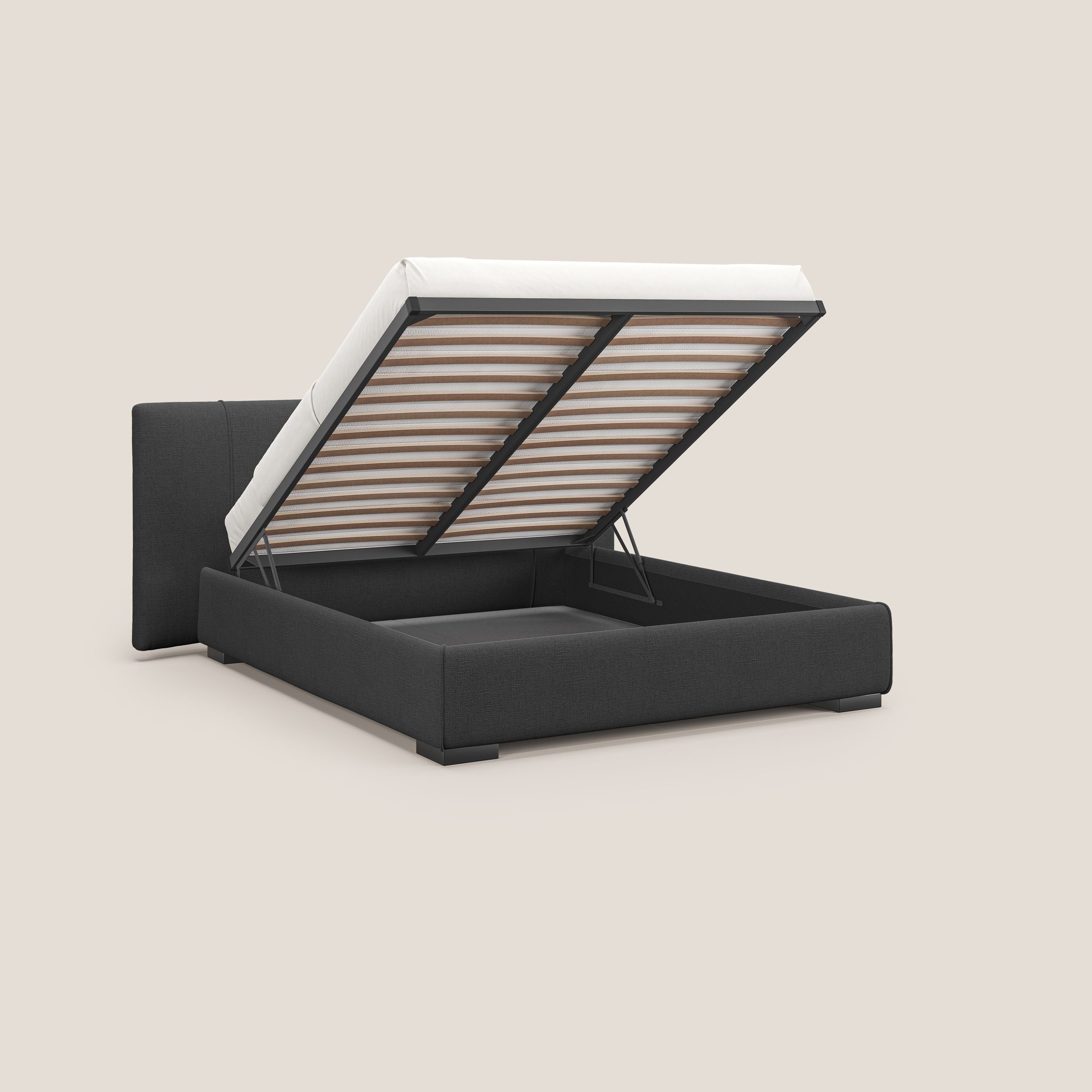 Omero letto imbottito contenitore sfoderabile in tessuto fiammato impermeabile T14 antracite - divani.store