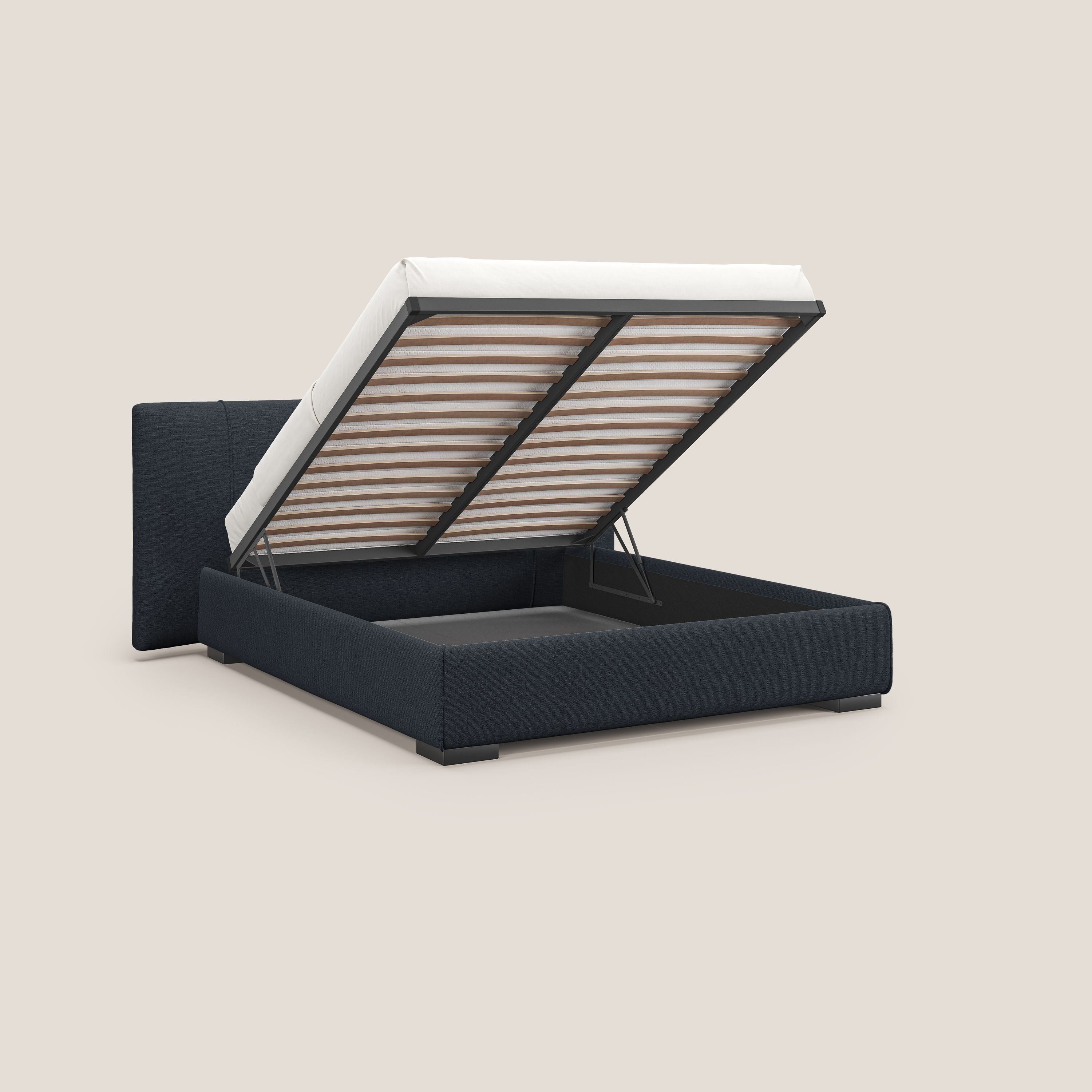 Omero letto imbottito contenitore sfoderabile in tessuto fiammato impermeabile T14 blu - divani.store