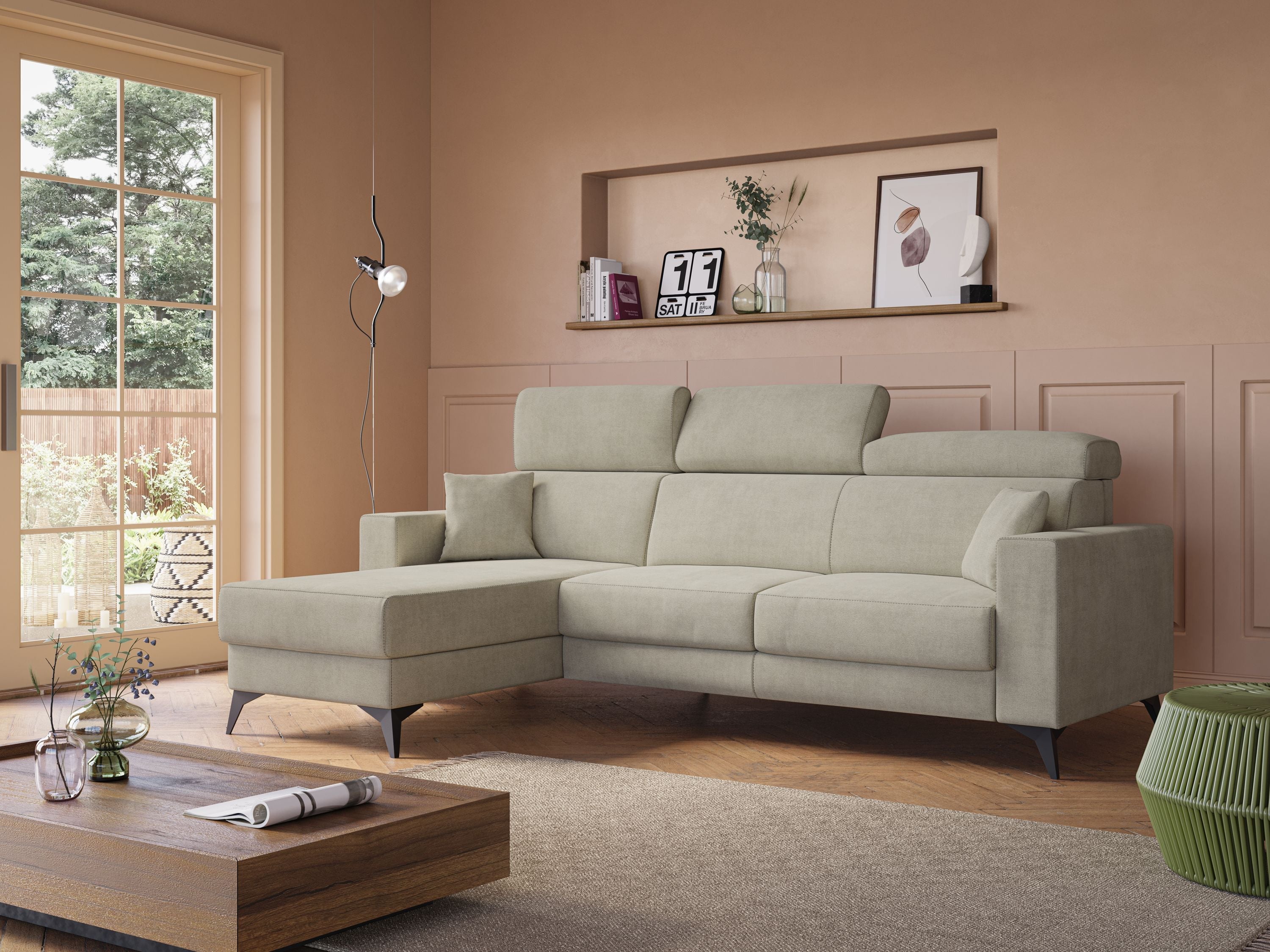 Pegaso divano letto angolare con poggiatesta reclinabili e rivestimento impermeabile T02 panna - divani.store