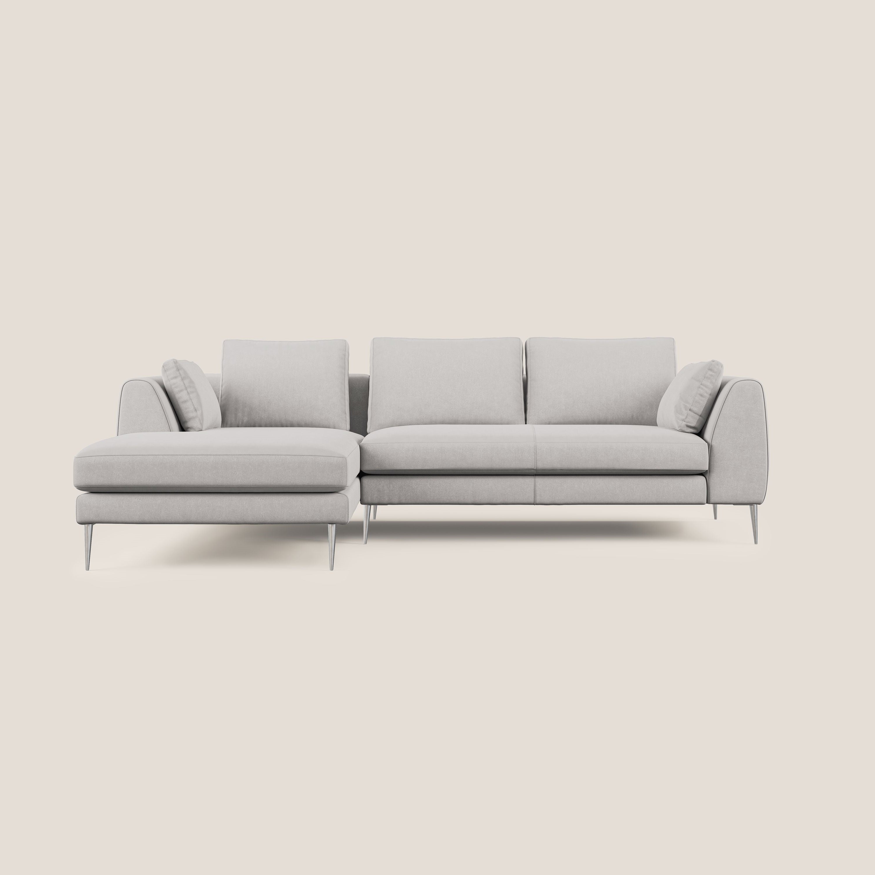 Plano divano moderno angolare con penisola in microfibra smacchiabile T11 grigio chiaro - divani.store
