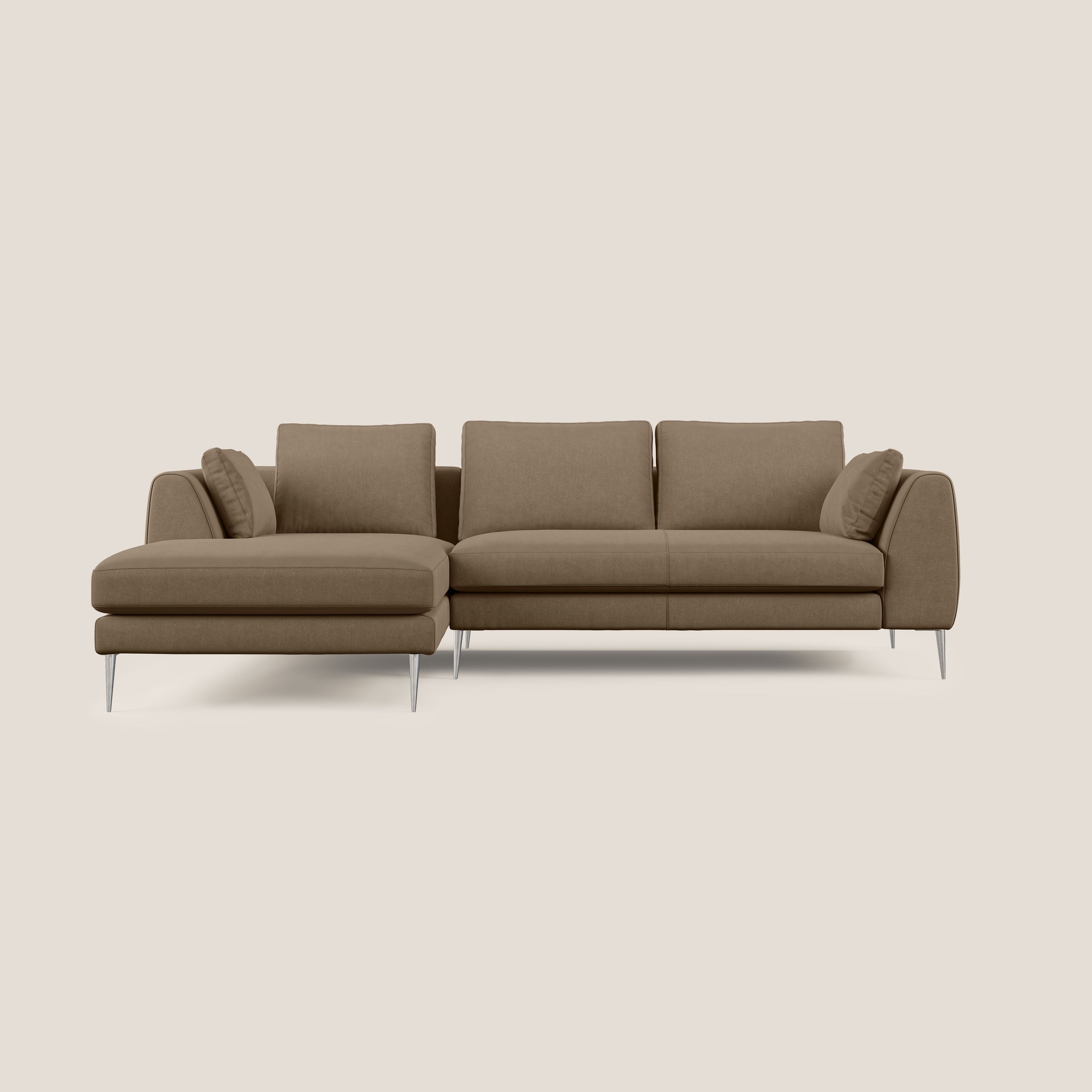 Plano divano moderno angolare con penisola in microfibra smacchiabile T11 marrone - divani.store