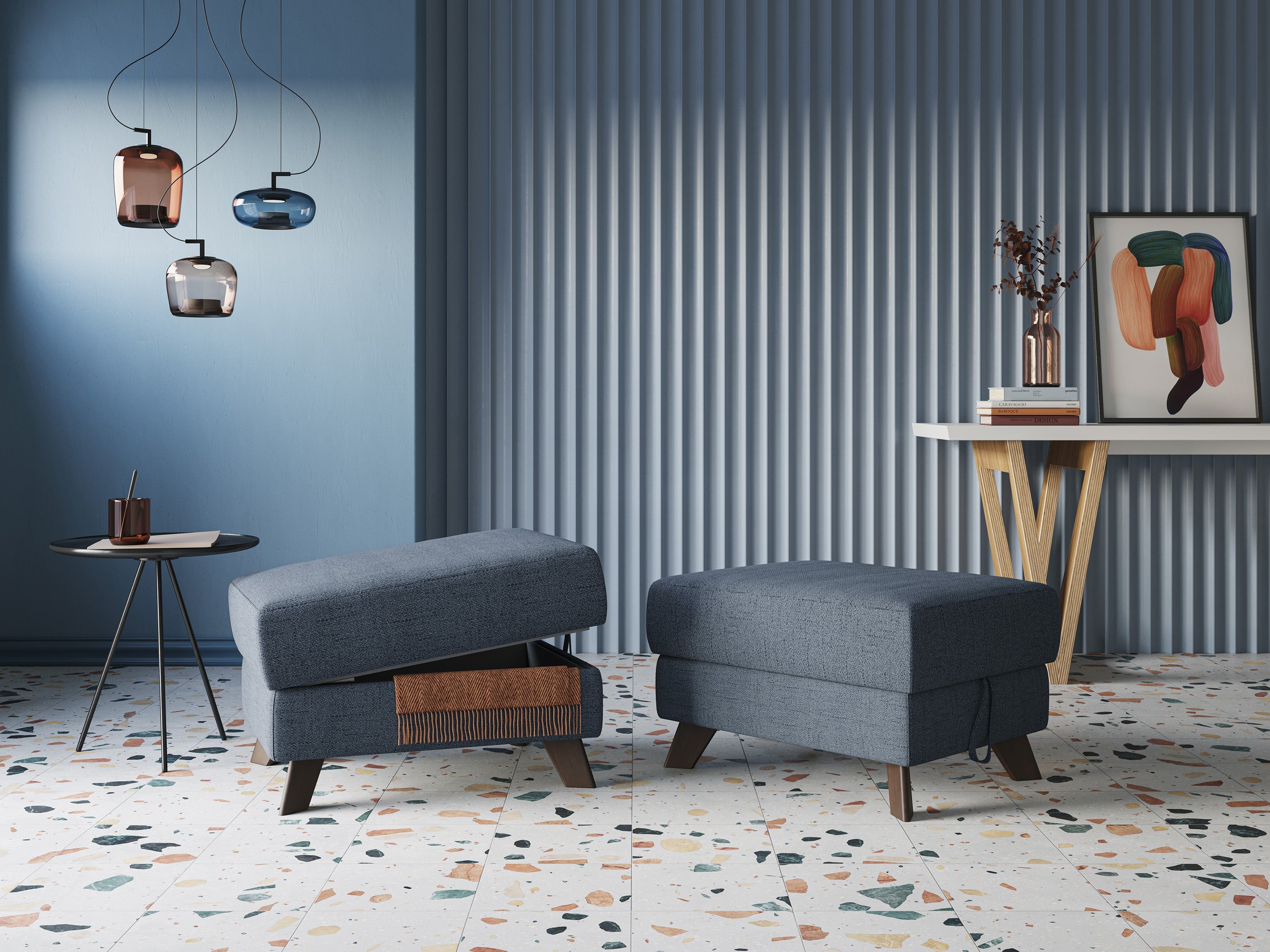 Moon Pouf contenitore e piedini alti in tessuto morbido impermeabile fiammato T03 grigio - divani.store