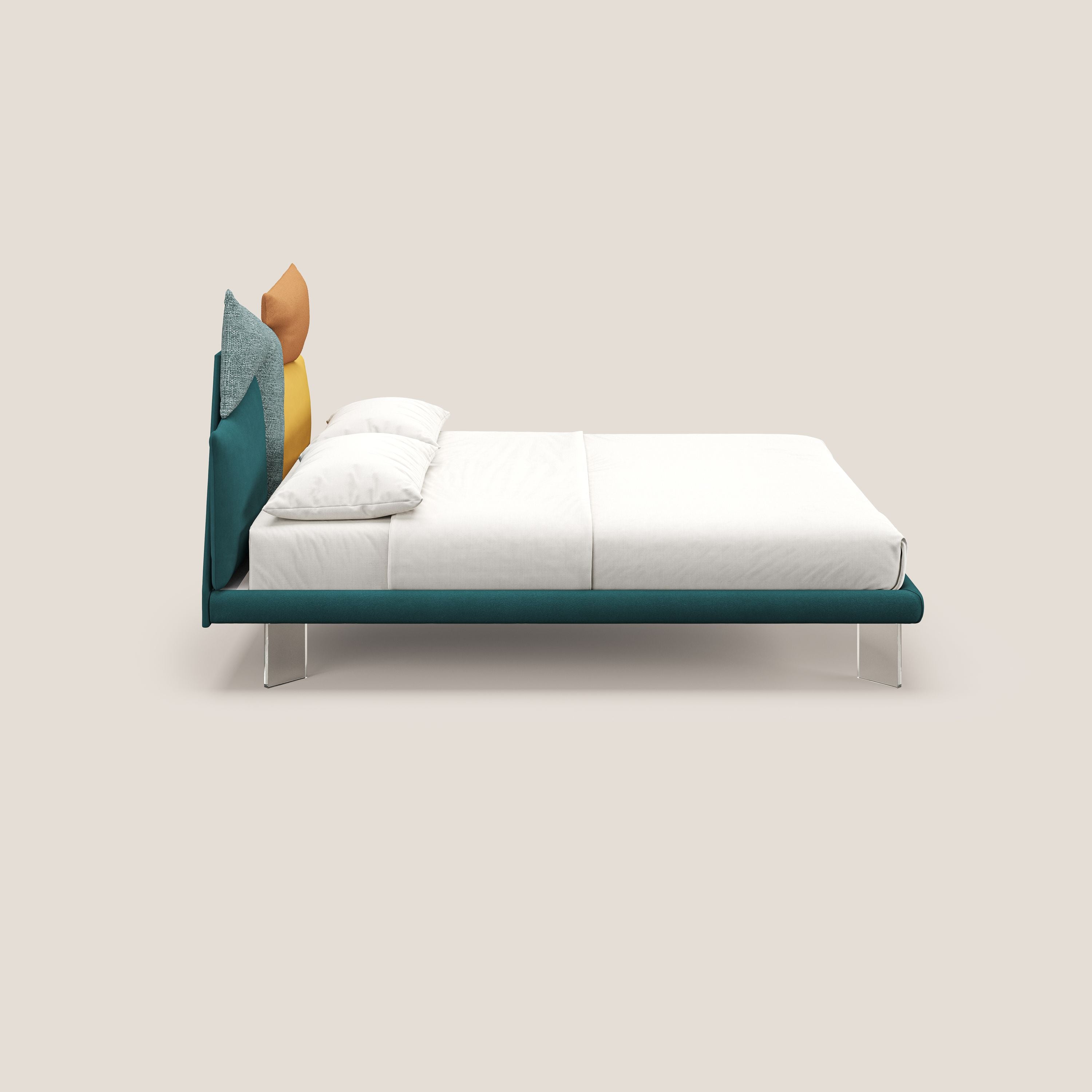 Rebus letto imbottito dal design moderno con piedi trasparenti in plexiglass petrolio - divani.store