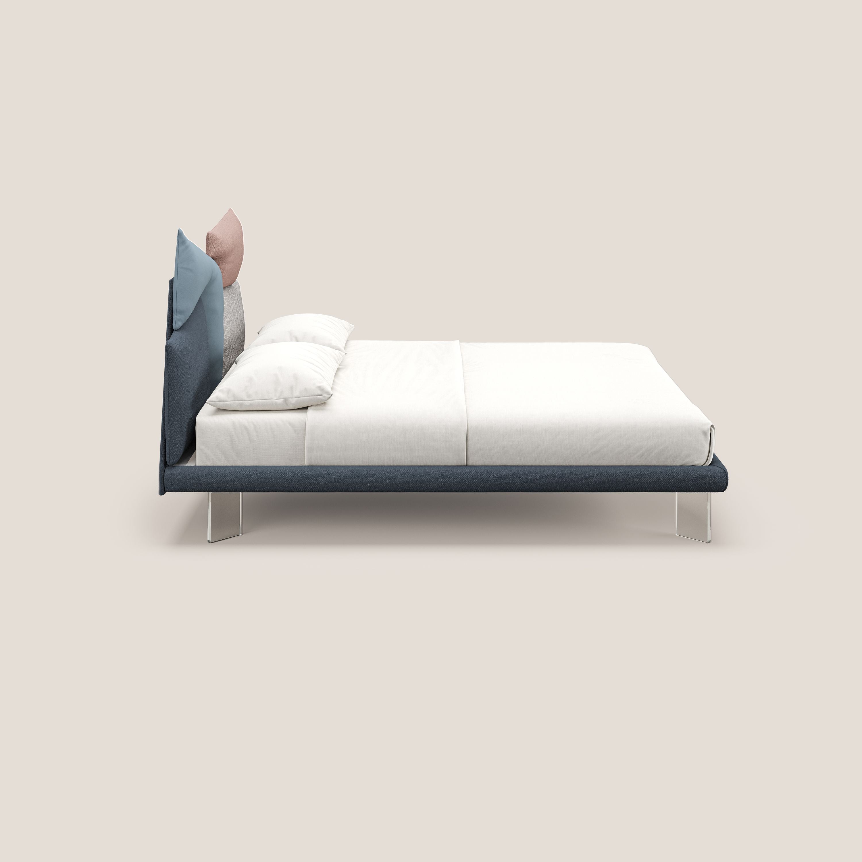 Rebus letto imbottito dal design moderno con piedi trasparenti in plexiglass blu - divani.store