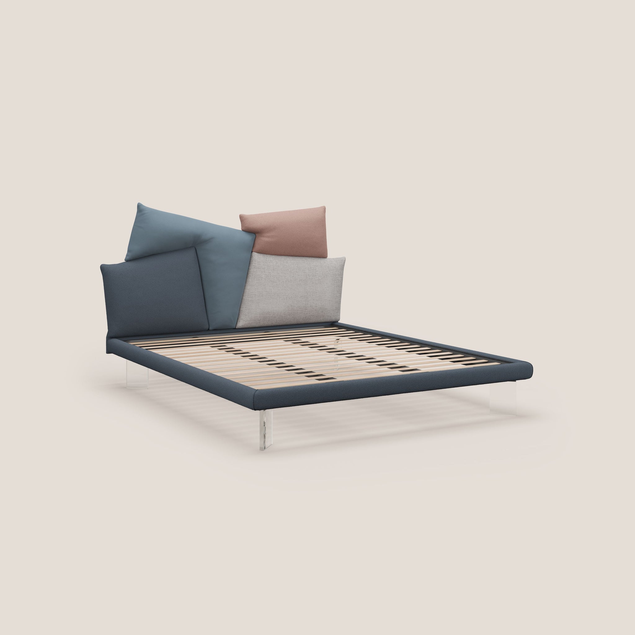 Rebus letto imbottito dal design moderno con piedi trasparenti in plexiglass
