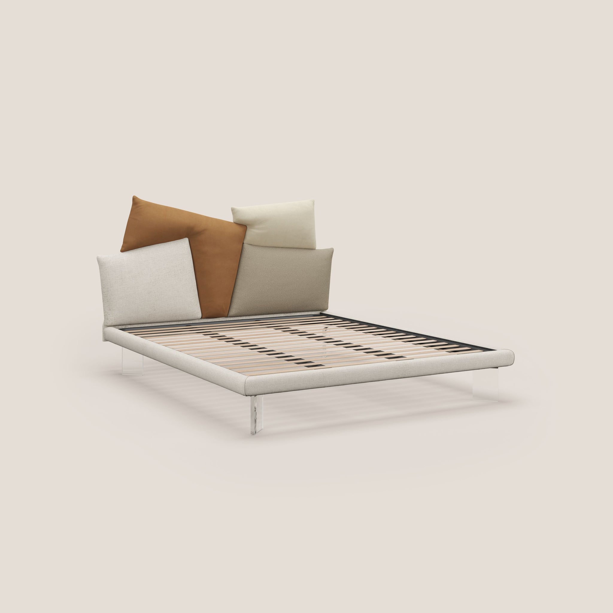 Rebus letto imbottito dal design moderno con piedi trasparenti in plexiglass