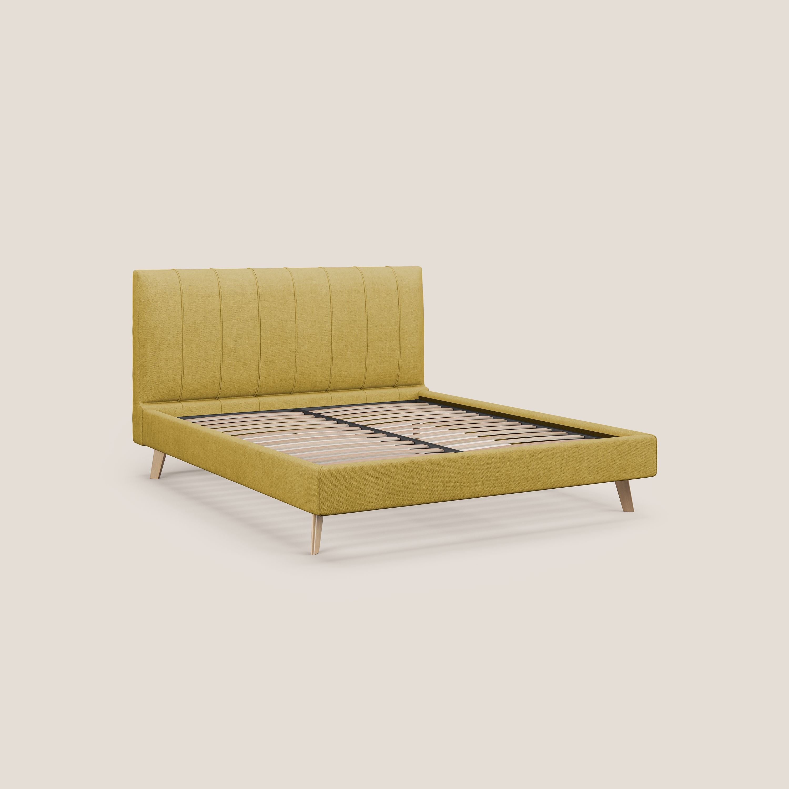Selene letto imbottito con piedini naturali sfoderabile in tessuto impermeabile T02 giallo - divani.store