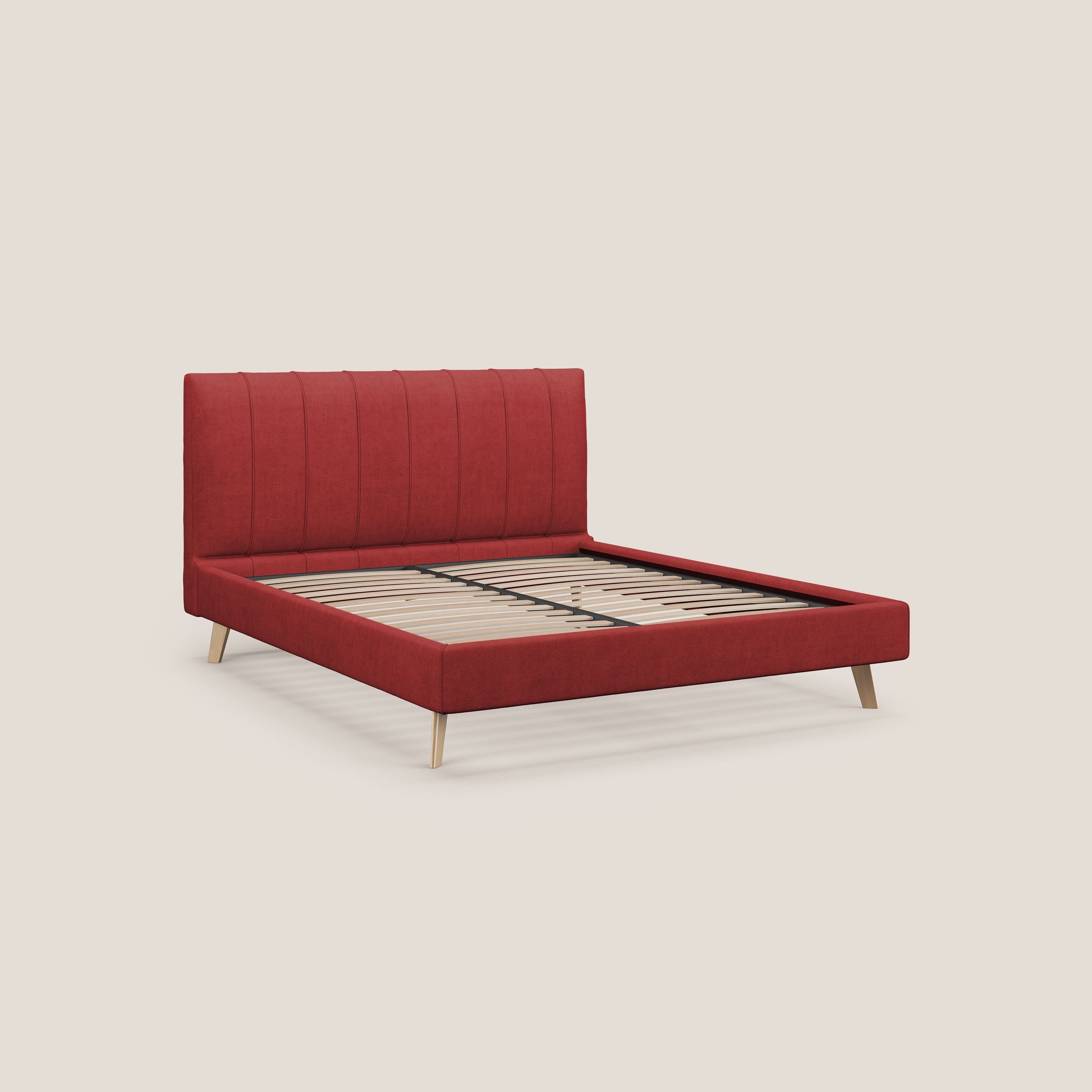 Selene letto imbottito con piedini naturali sfoderabile in tessuto impermeabile T02 rosso - divani.store