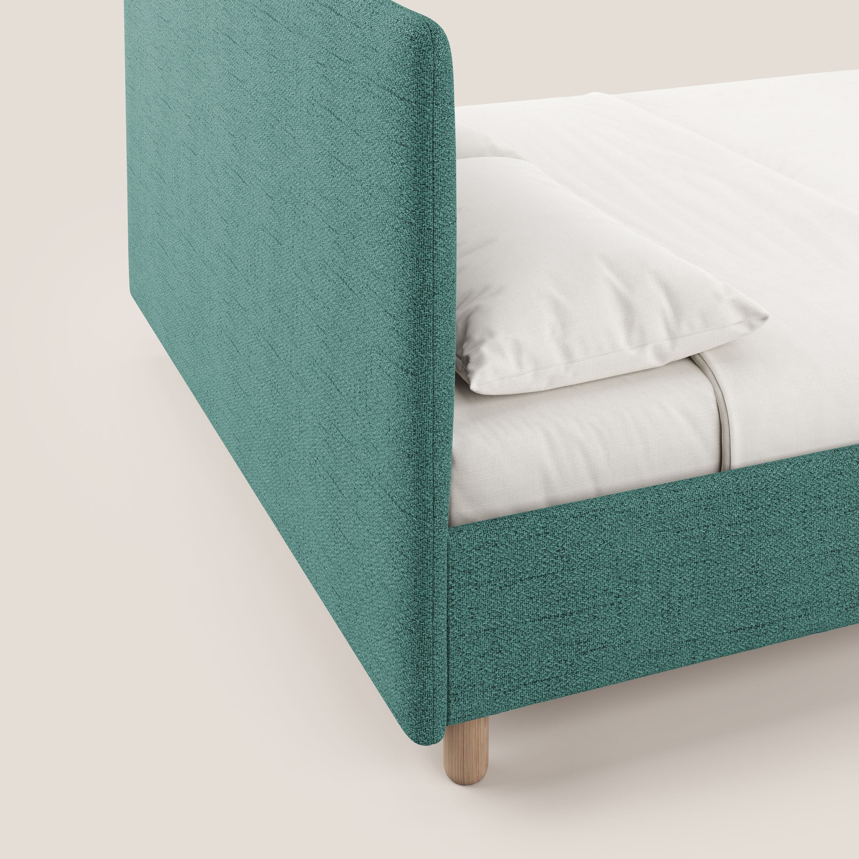 Serena letto contenitore salvaspazio scandinavo in tessuto fiammato impermeabile T03 verde acqua - divani.store