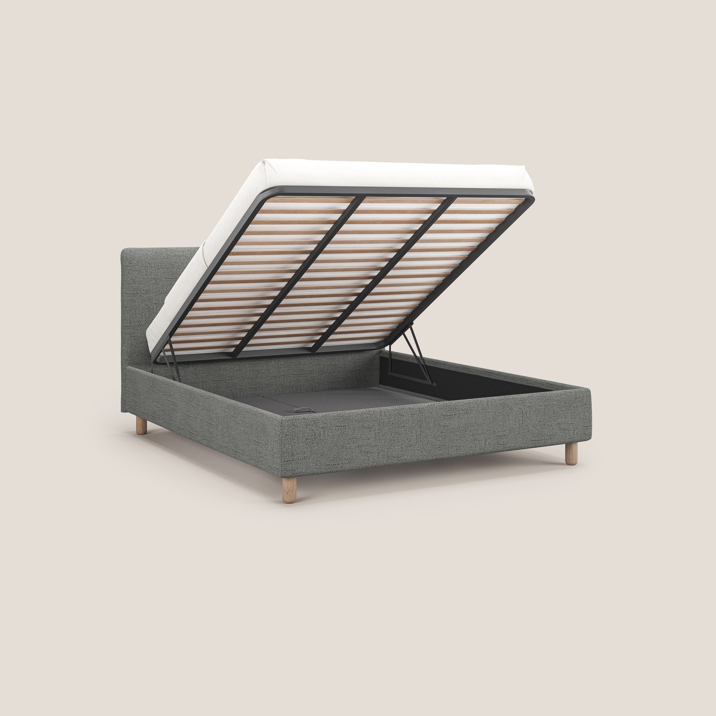 Serena letto contenitore salvaspazio scandinavo in tessuto fiammato impermeabile T03 grigio chiaro - divani.store