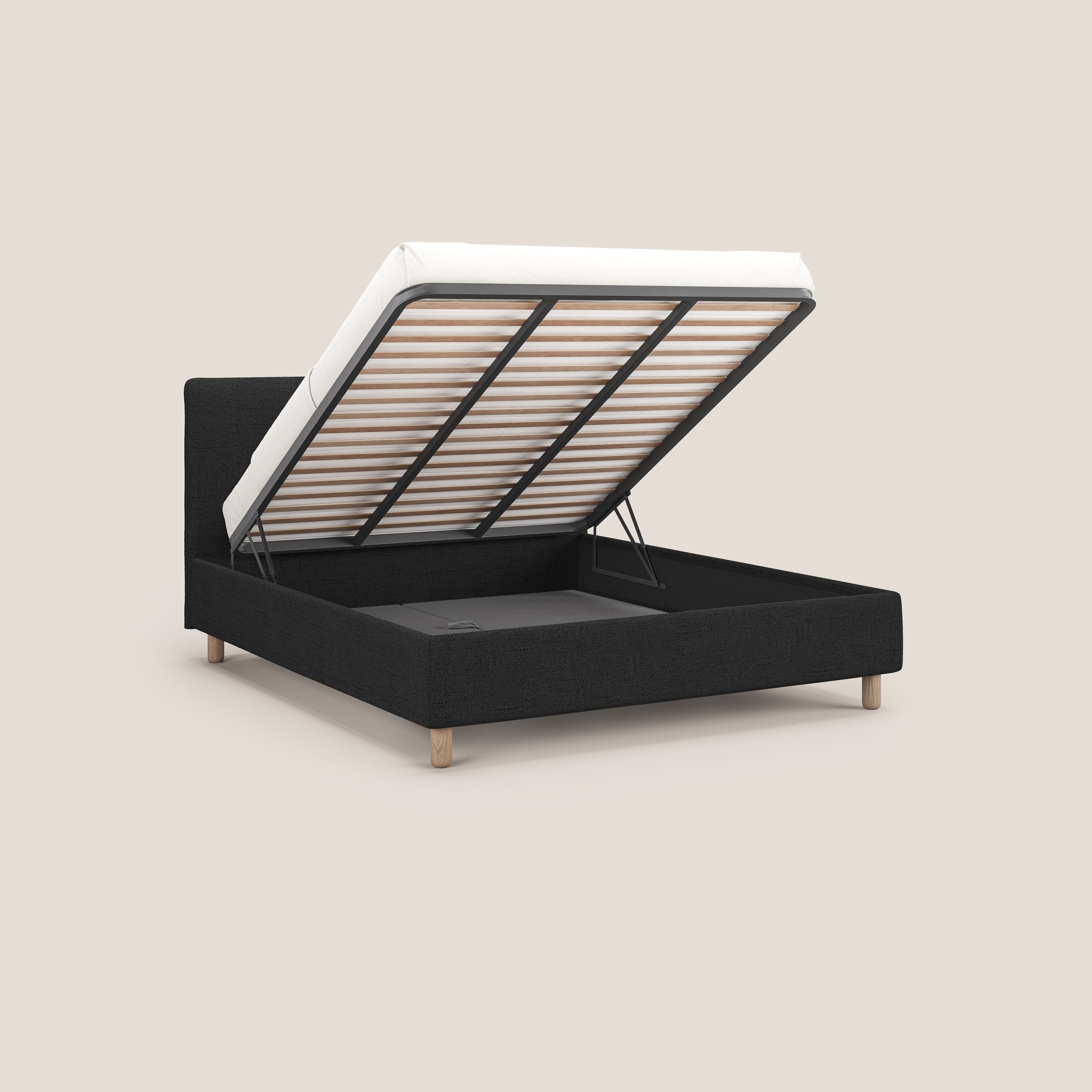 Serena letto contenitore salvaspazio scandinavo in tessuto fiammato impermeabile T03 antracite - divani.store