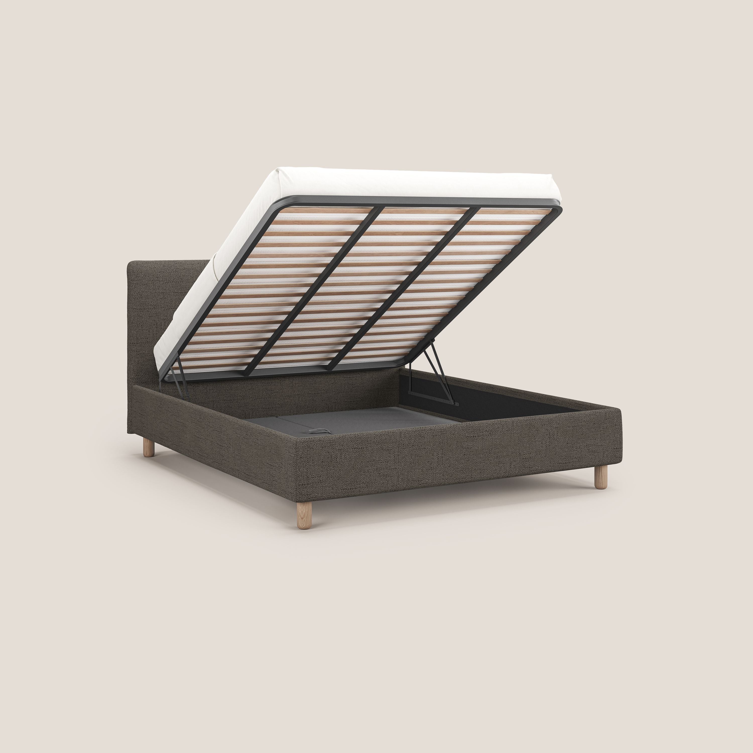 Serena letto contenitore salvaspazio scandinavo in tessuto fiammato impermeabile T03 talpa - divani.store