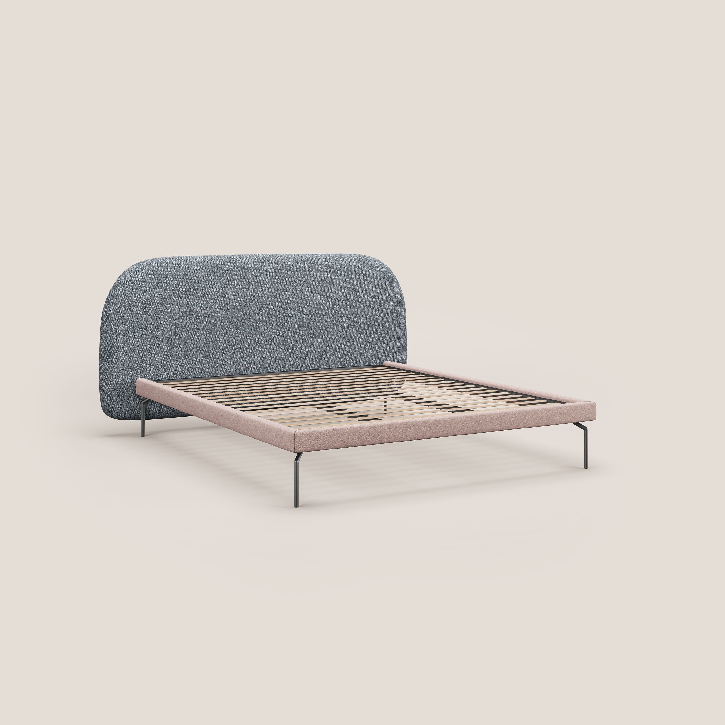 Soleil letto imbottito di design con piedi alti in metallo in bouclet smacchiabile T12 blu - divani.store