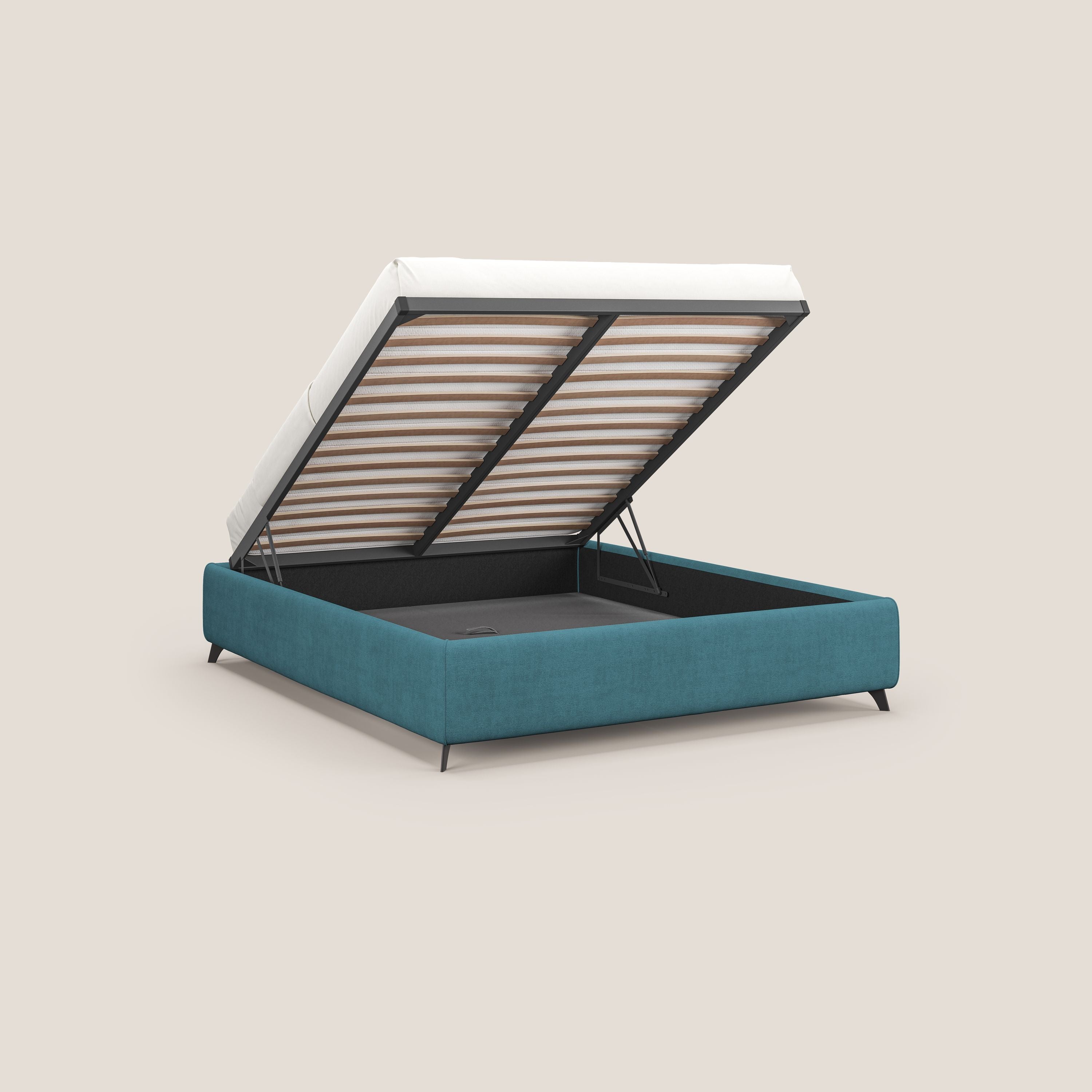 Sara sommier con giroletto contenitore in tessuto impermeabile T02 azzurro - divani.store