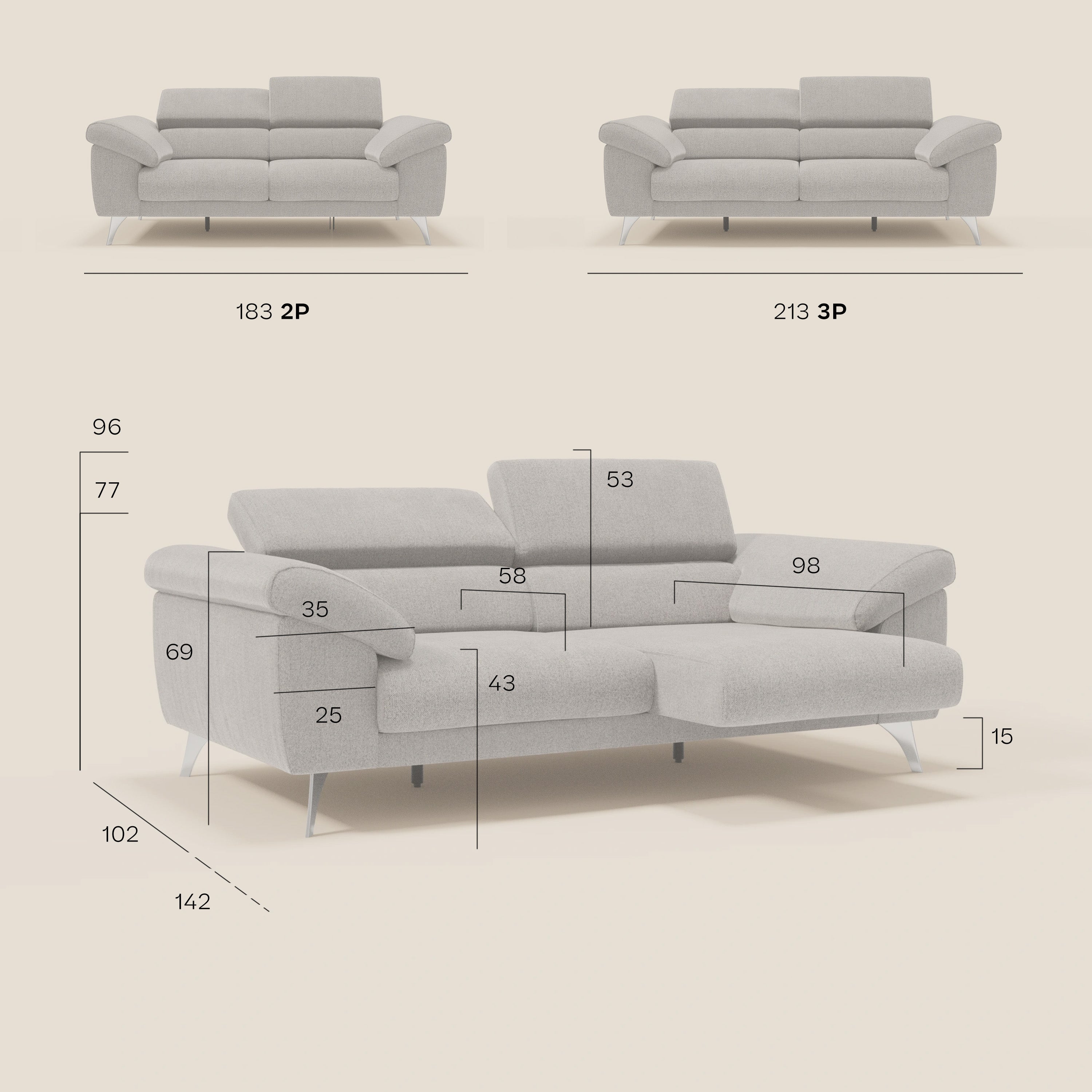 Donatello divano con sedute allungabili braccioli contenitore e poggiatesta reclinabili in tessuto smacchiabile T23 beige