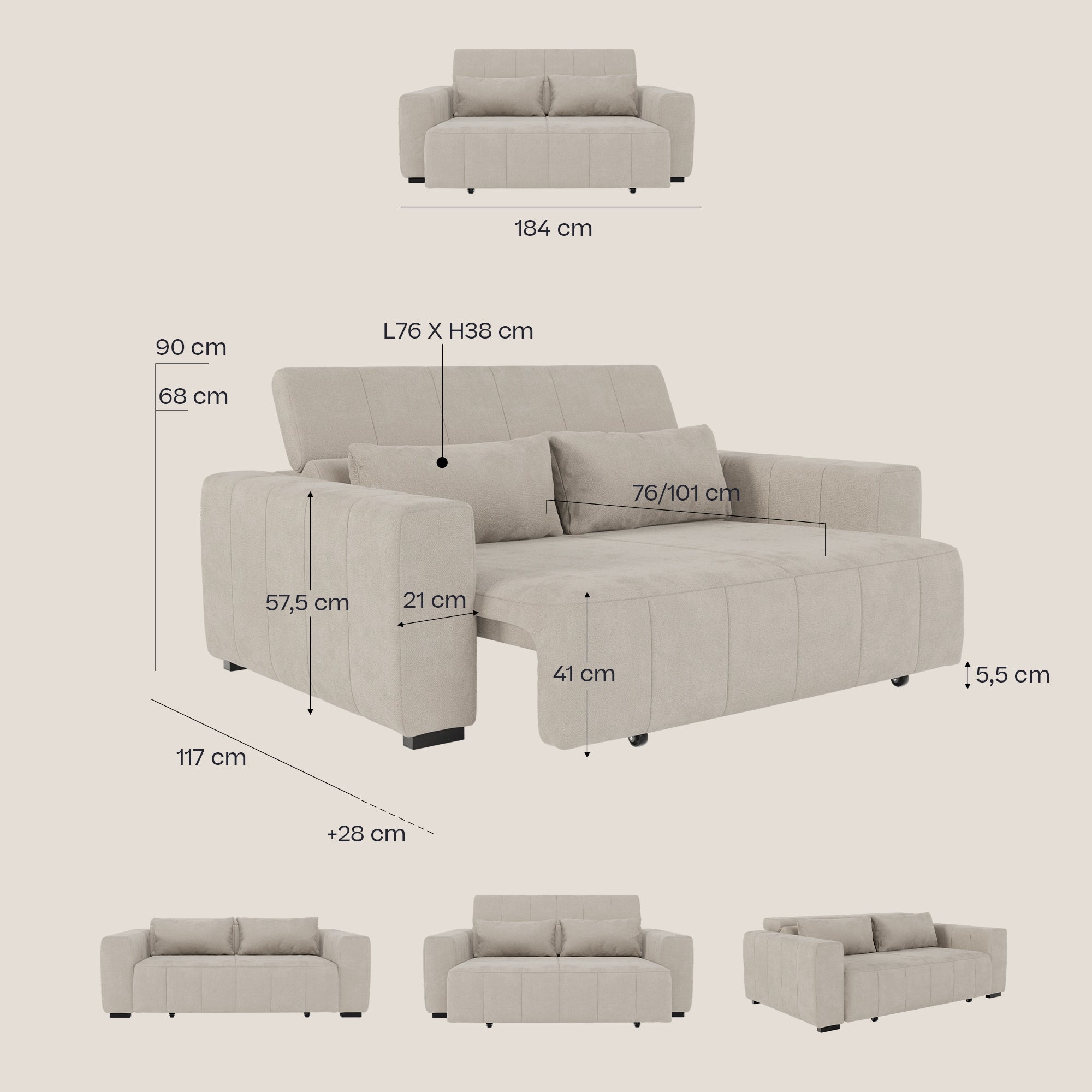 Doric divano 3 posti con sedute allungabili tramite relax elettrico - poggiatesta reclinabile in tessuto smacchiabile T23 - divani.store