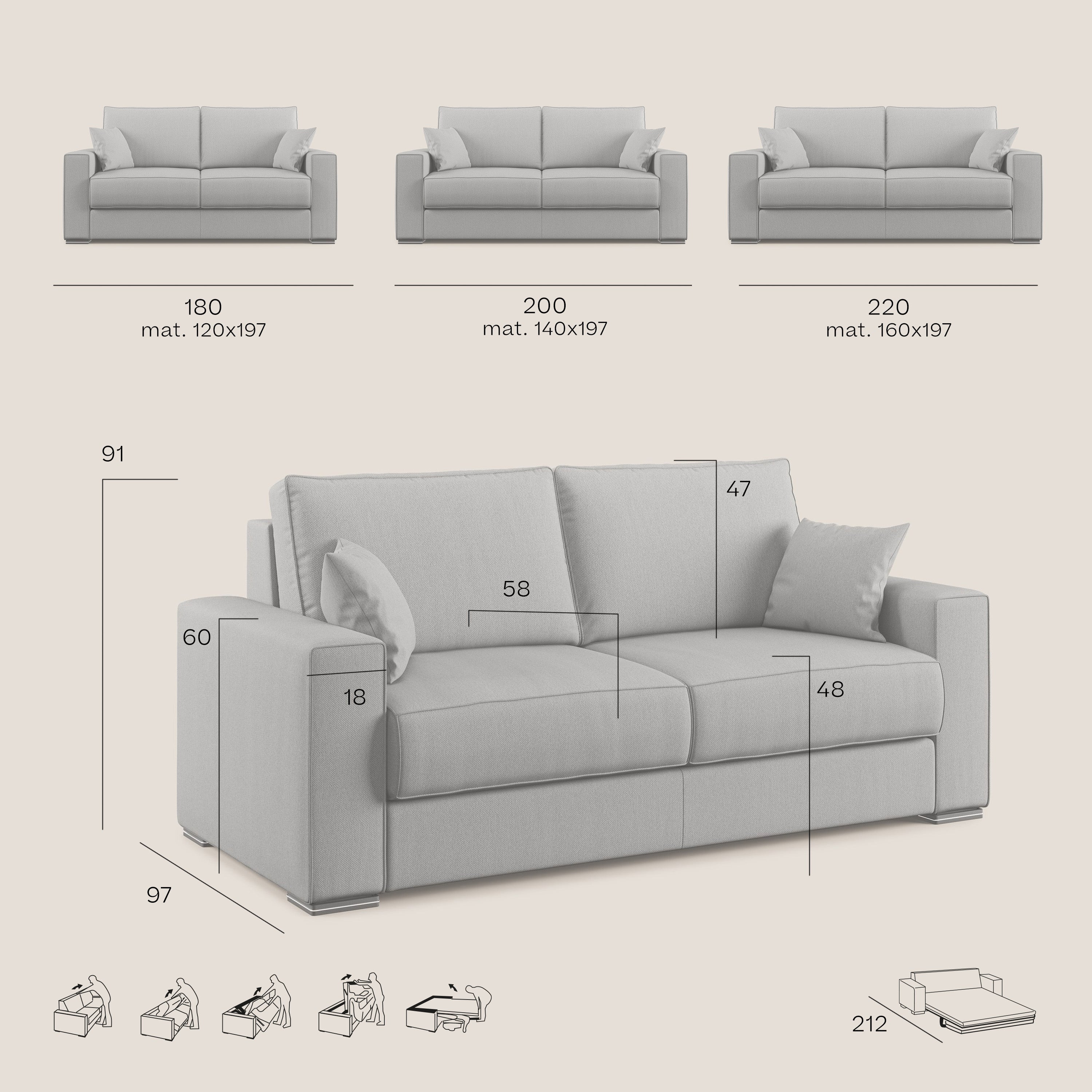 Dream Divano letto moderno dai morbidi cuscini in tessuto smacchiabile T05 carta da zucchero - divani.store
