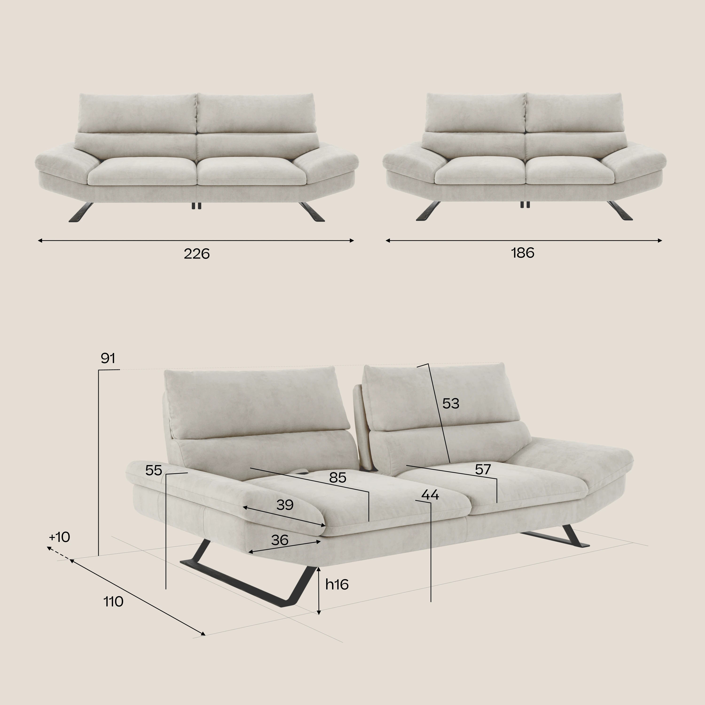 Due divani moderni Eclipse beige di Divani.Store sono mostrati frontalmente: uno largo 226 cm, l'altro 186 cm. Sotto, una vista laterale evidenzia il design orizzontale e gli schienali traslanti con misure dettagliate in centimetri.