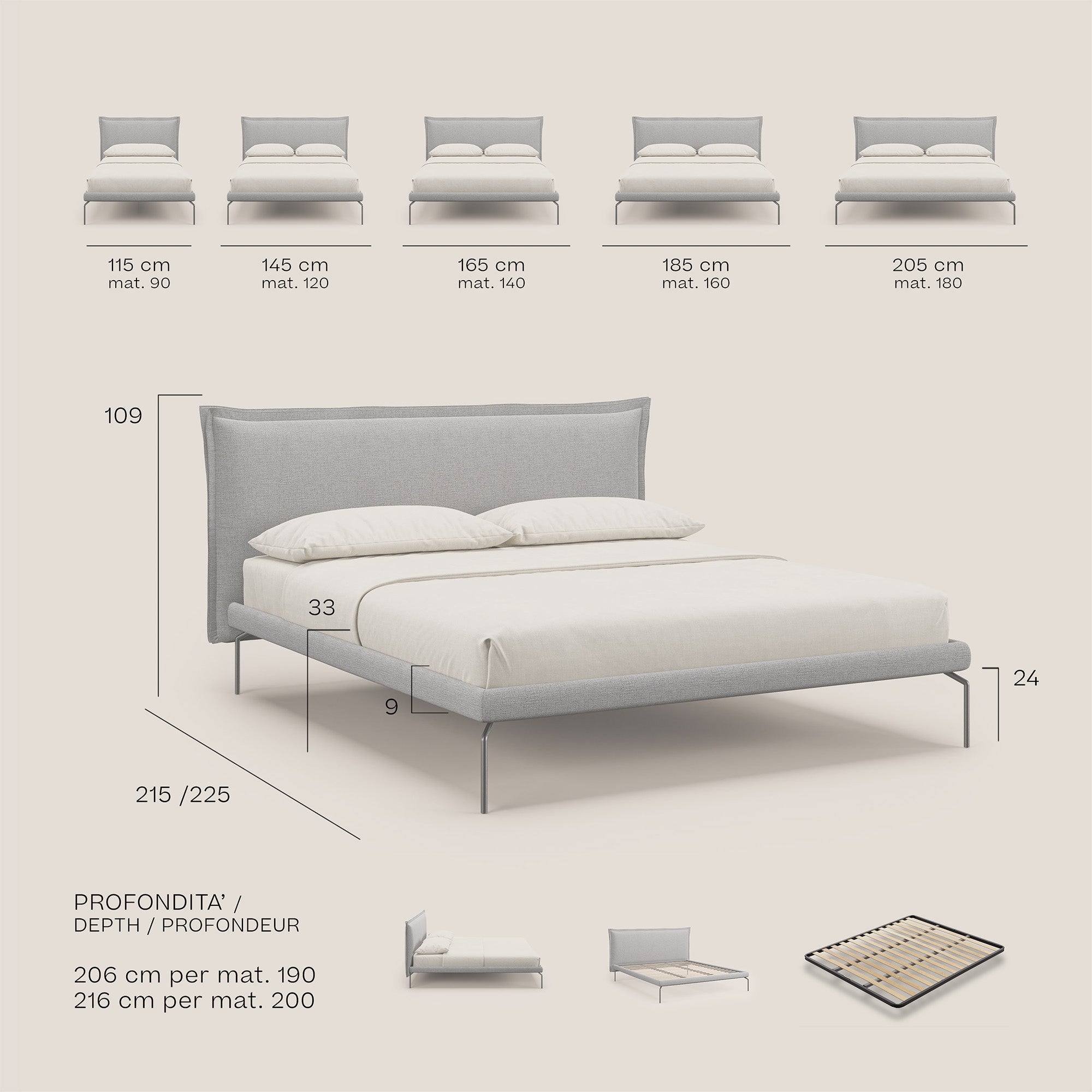 Eric letto imbottito design minimal in morbido tessuto impermeabile T14 grigio - divani.store