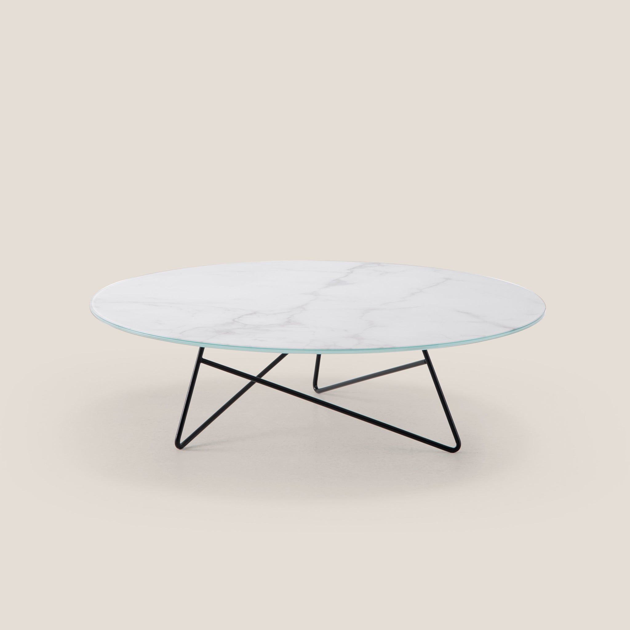 Ermione tavolino basso rotondo da salotto con top in vetro marmo bianco calacatta h25