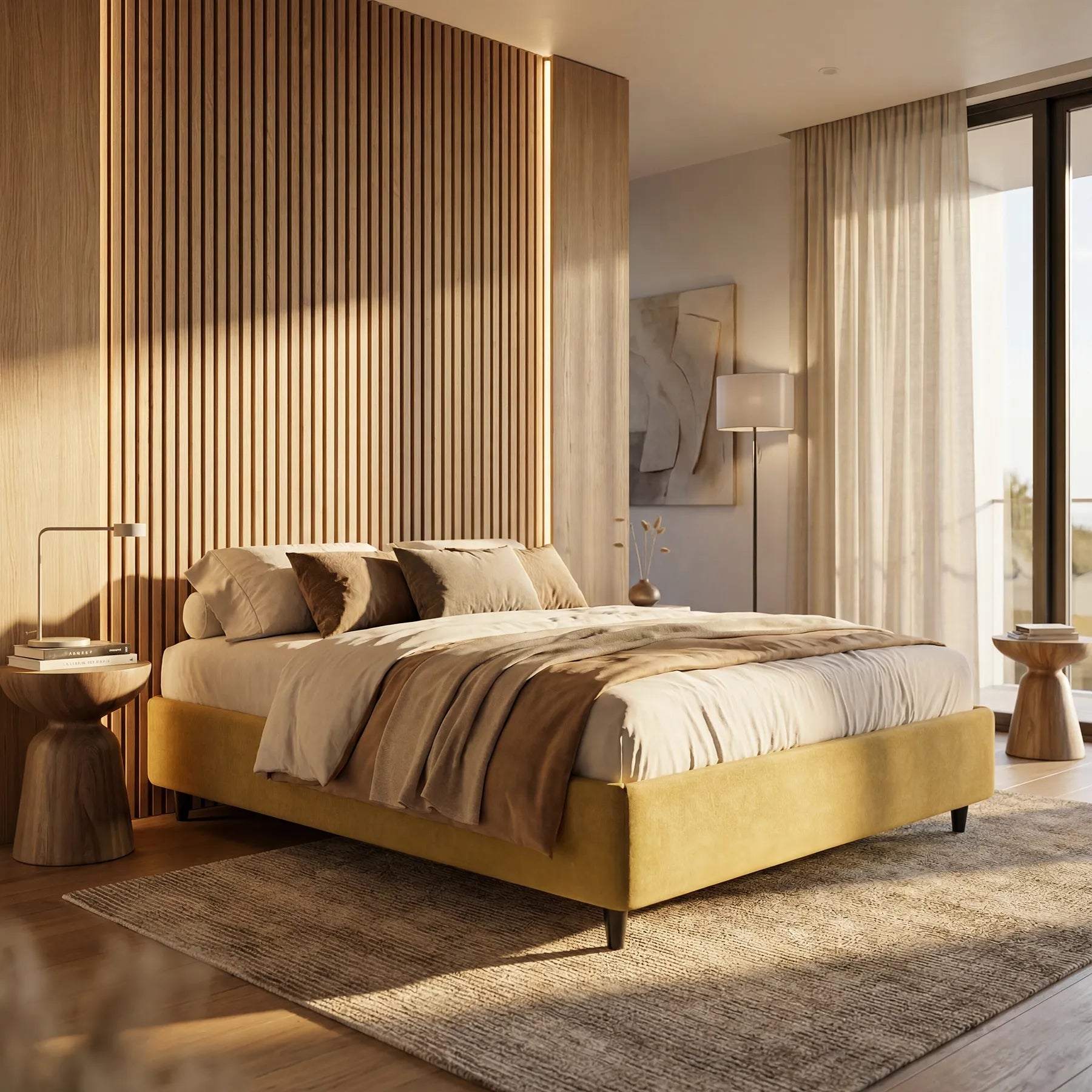 Una camera da letto moderna con il letto sommier imbottito ERON di Letti.store, rivestito in tessuto impermeabile certificato Oeko-Tex, biancheria da letto dai toni neutri, due comodini in legno, illuminazione soffusa, doghe verticali in legno su una parete e finestre con tende trasparenti che inondano la stanza di luce.