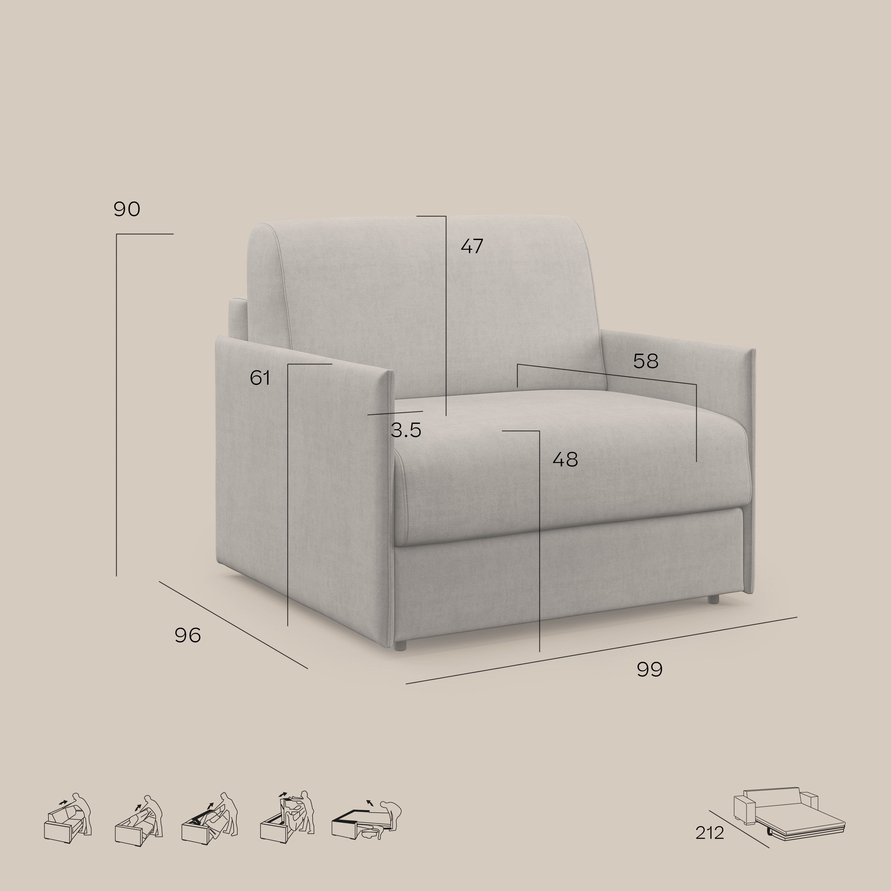 Evans poltrona letto in morbido tessuto impermeabile T02 panna - divani.store