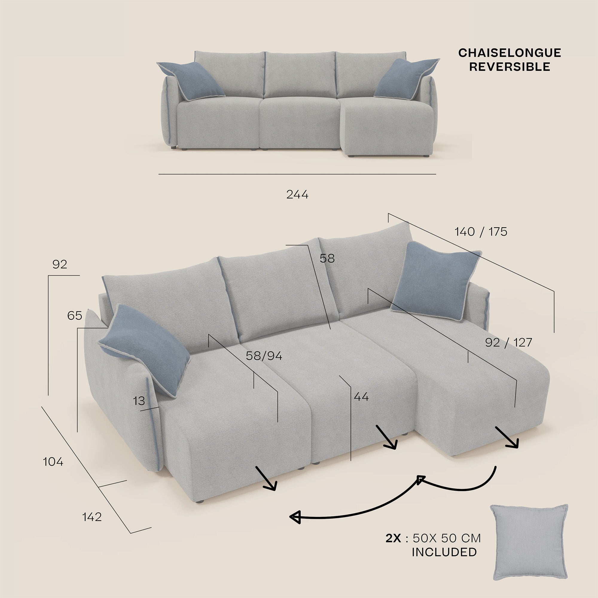 Flexar Divano angolare reversibile con sedute allungabili in bouclé morbido impermeabile T07 blu - arancio