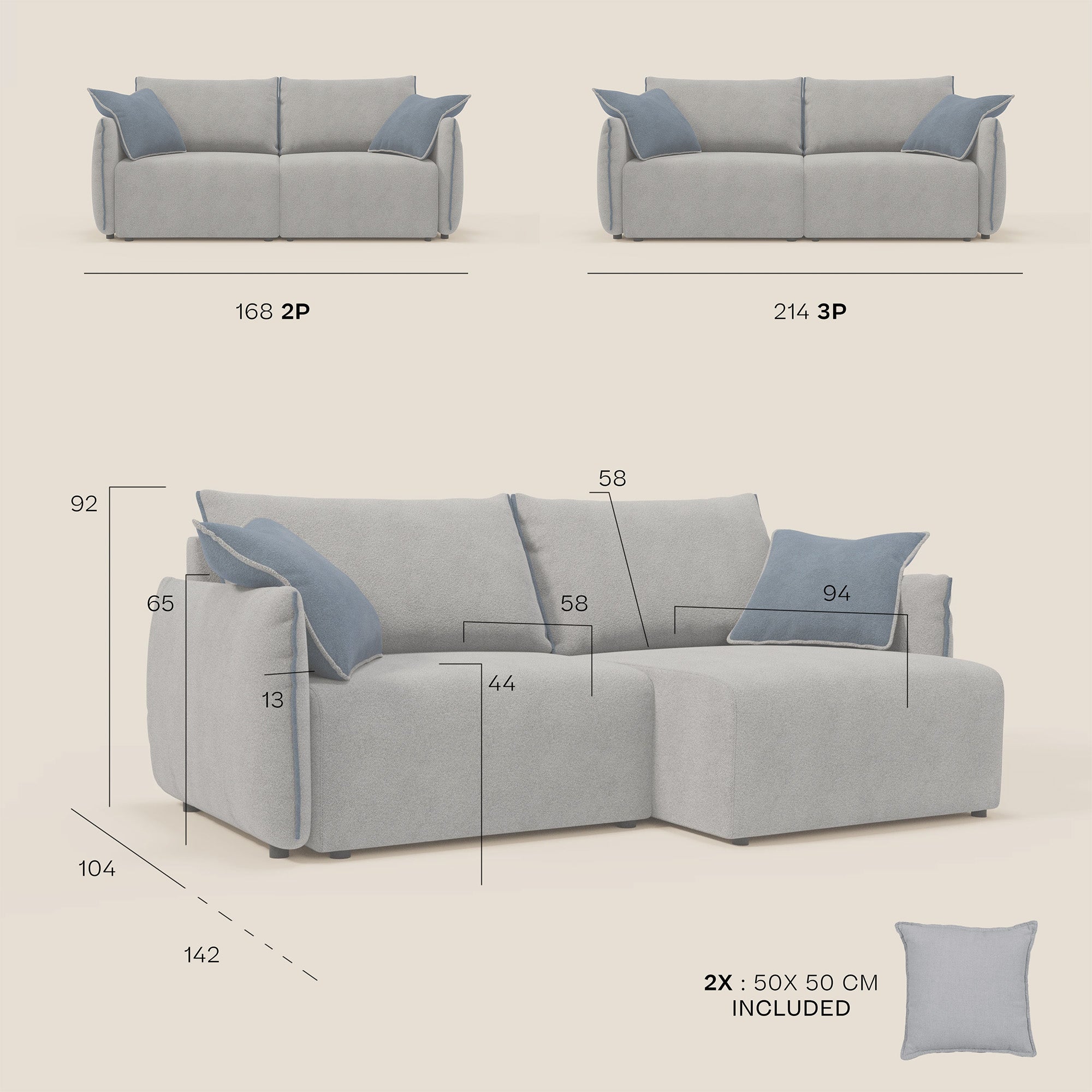 Flexar divano con sedute allungabili e schienale in piuma in morbido bouclé impermeabile T07 grigio - blu