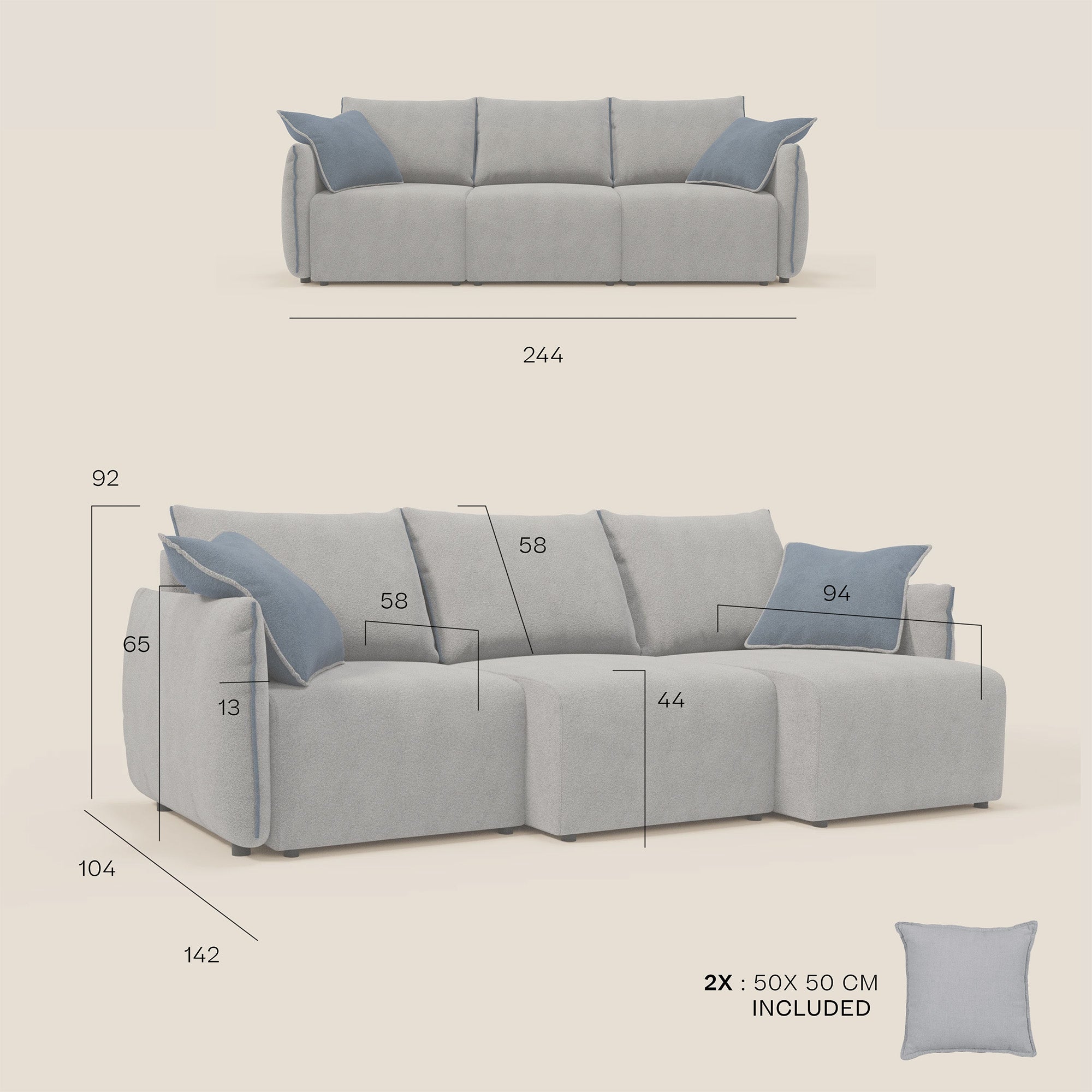Flexar divano con 3 sedute allungabili schienale in piuma d'oca in bouclé impermeabile T07 grigio