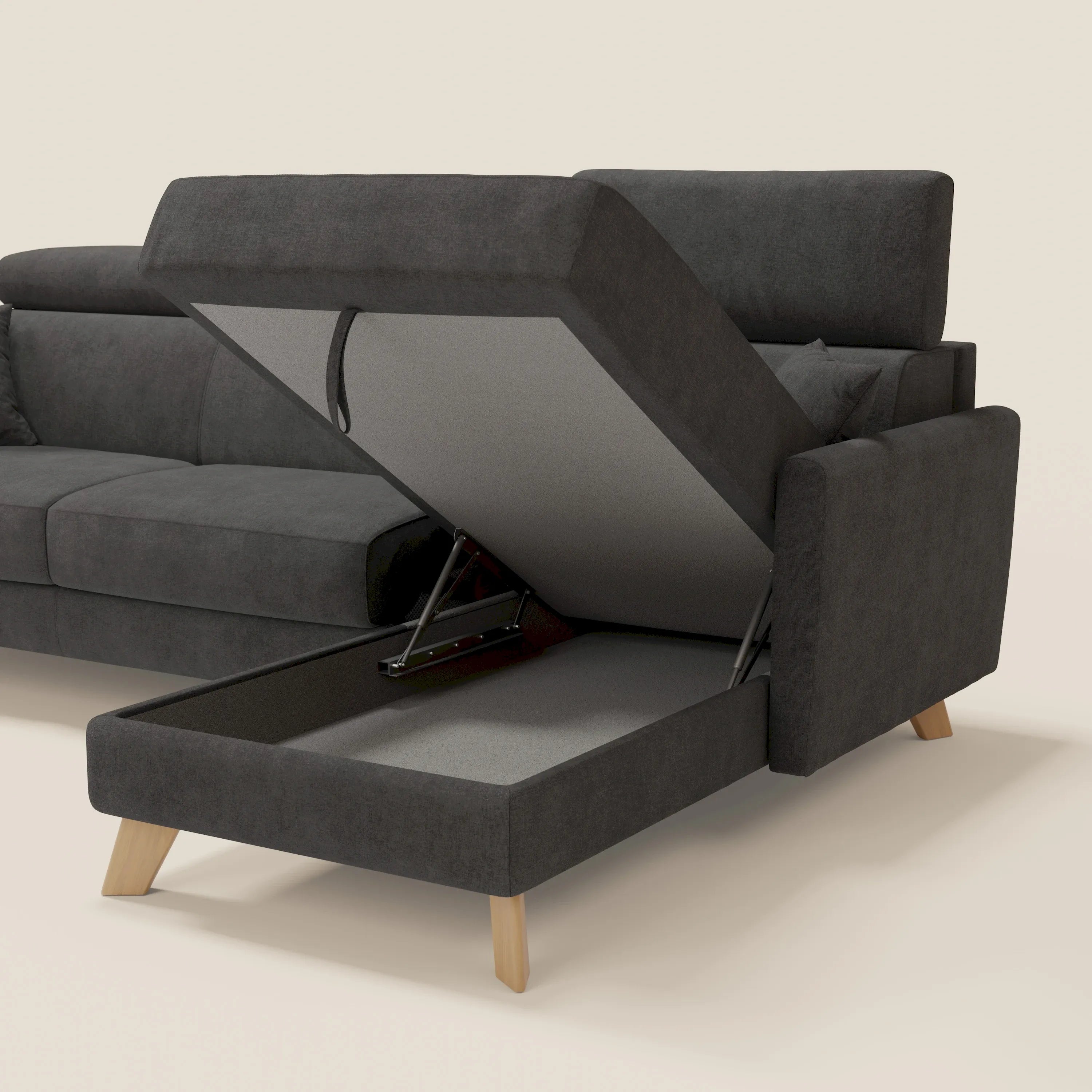Il divano letto angolare sfoderabile Francy di Divani.Store è caratterizzato da un tessuto antracite T17 antimacchia, una poltrona contenitore e poggiatesta reclinabili. Il design Stile Nordico e le gambe angolari in legno aggiungono un tocco di modernità.