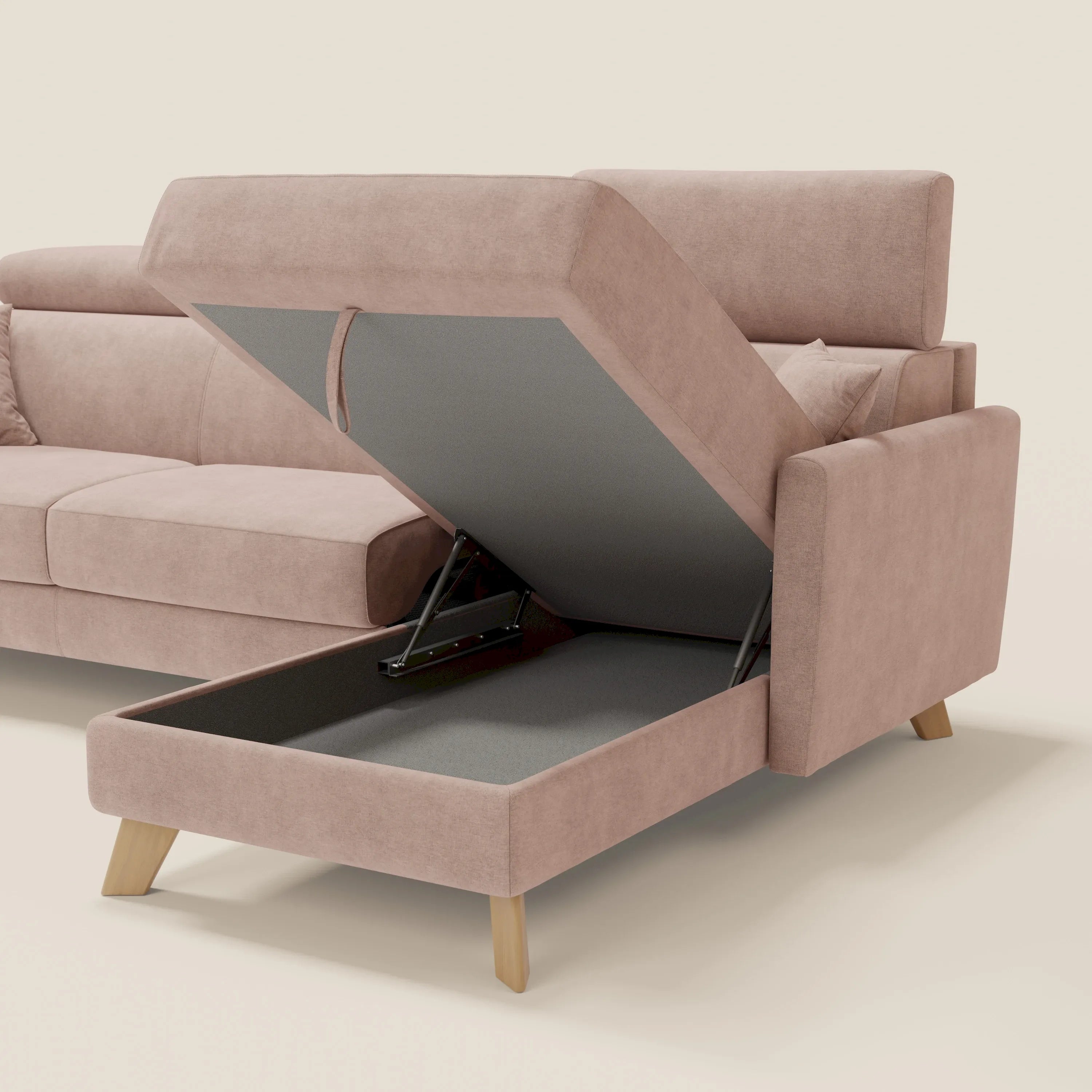 Il divano letto angolare sfoderabile Francy di Divani.Store in rosa T17 è caratterizzato da un tessuto smacchiabile, poggiatesta reclinabili e penisola contenitore a scomparsa. Rivestito in Stile Nordico con gambe in legno su sfondo tinta unita.
