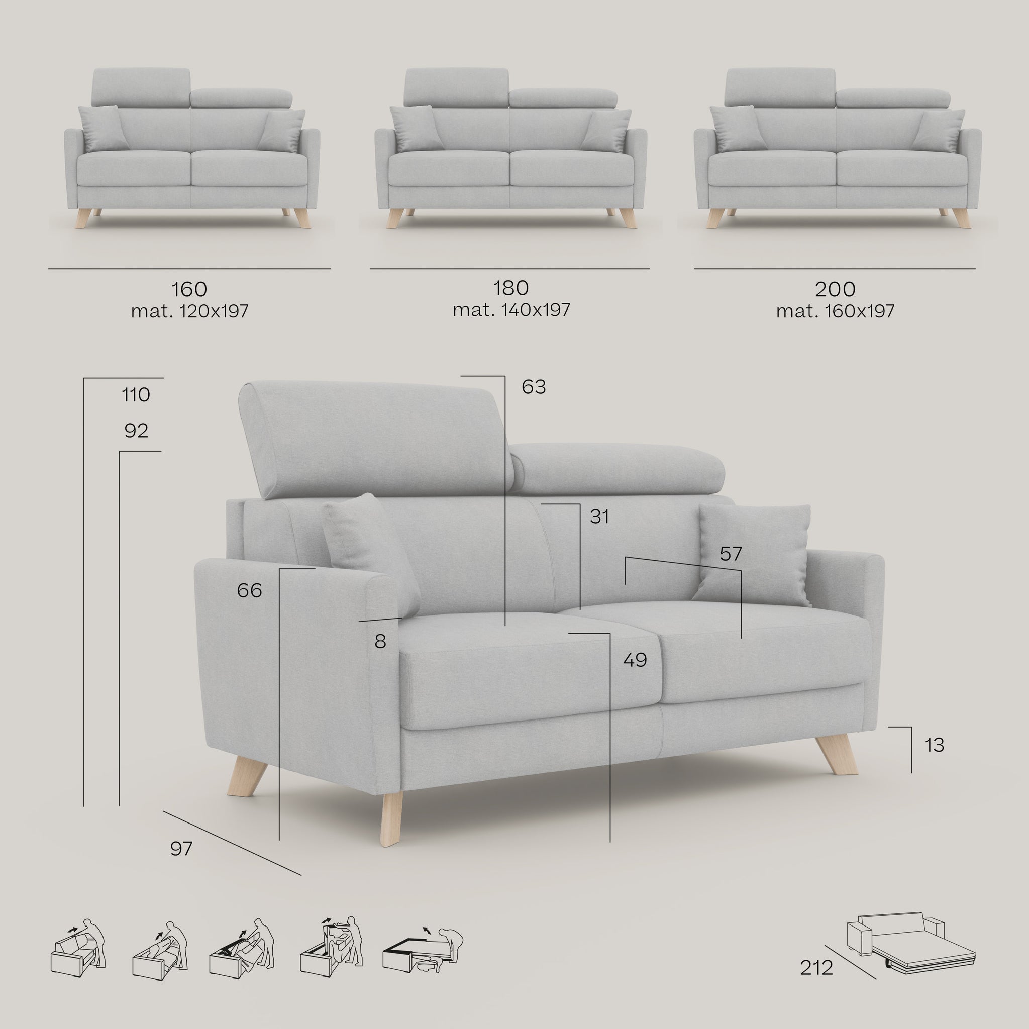 Francy divano letto 180 cm (mat. 140x197 cm) con poggiatesta regolabili in tessuto smacchiabile T17 PANNA